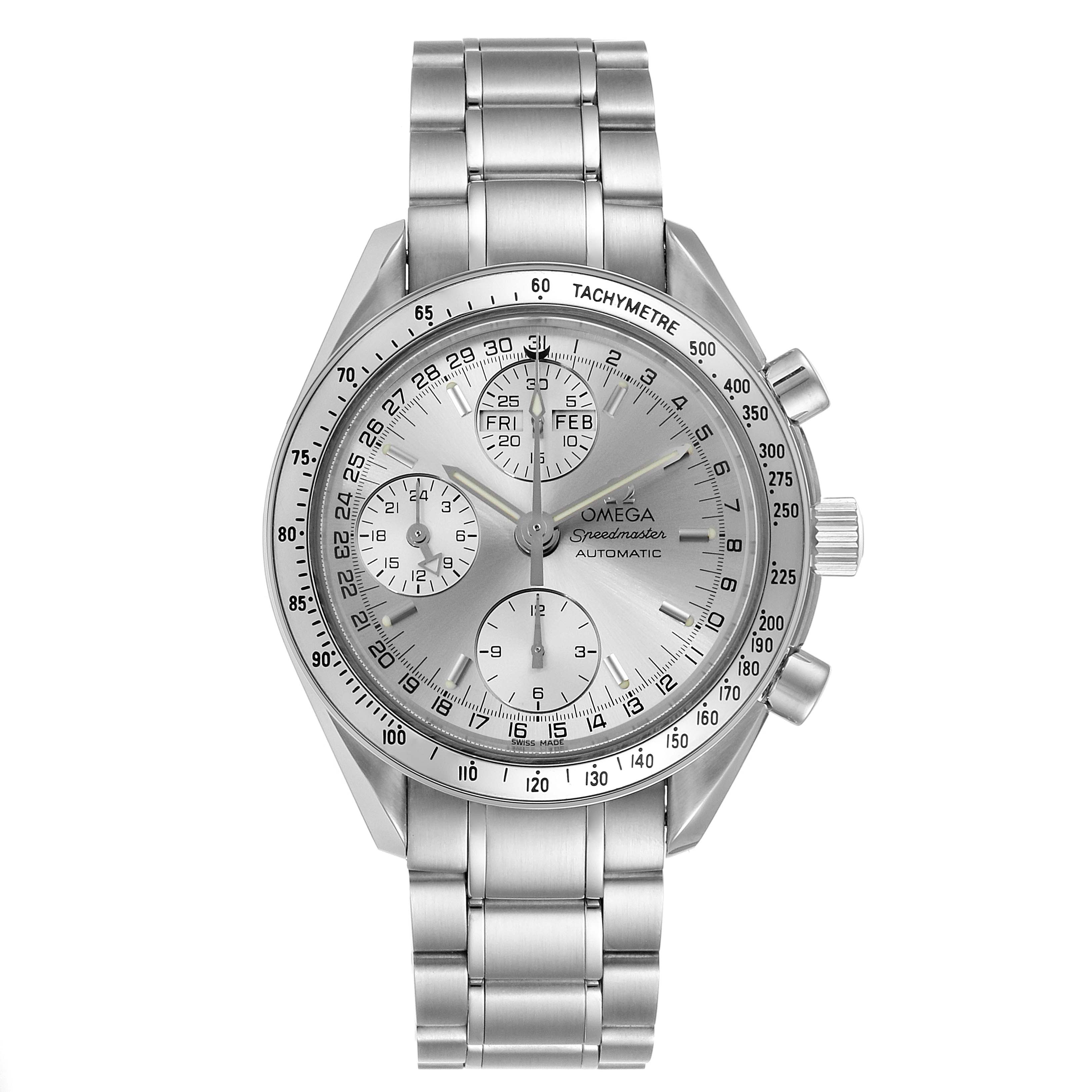 The image shows a front view of an Omega Speedmaster 3523.30.00 Men
s Stainless Steel Silver Dial 3523.30.00 Men
s Stainless Steel Silver Dial watch, displaying the dial, chronograph sub-dials, and metal bracelet.
