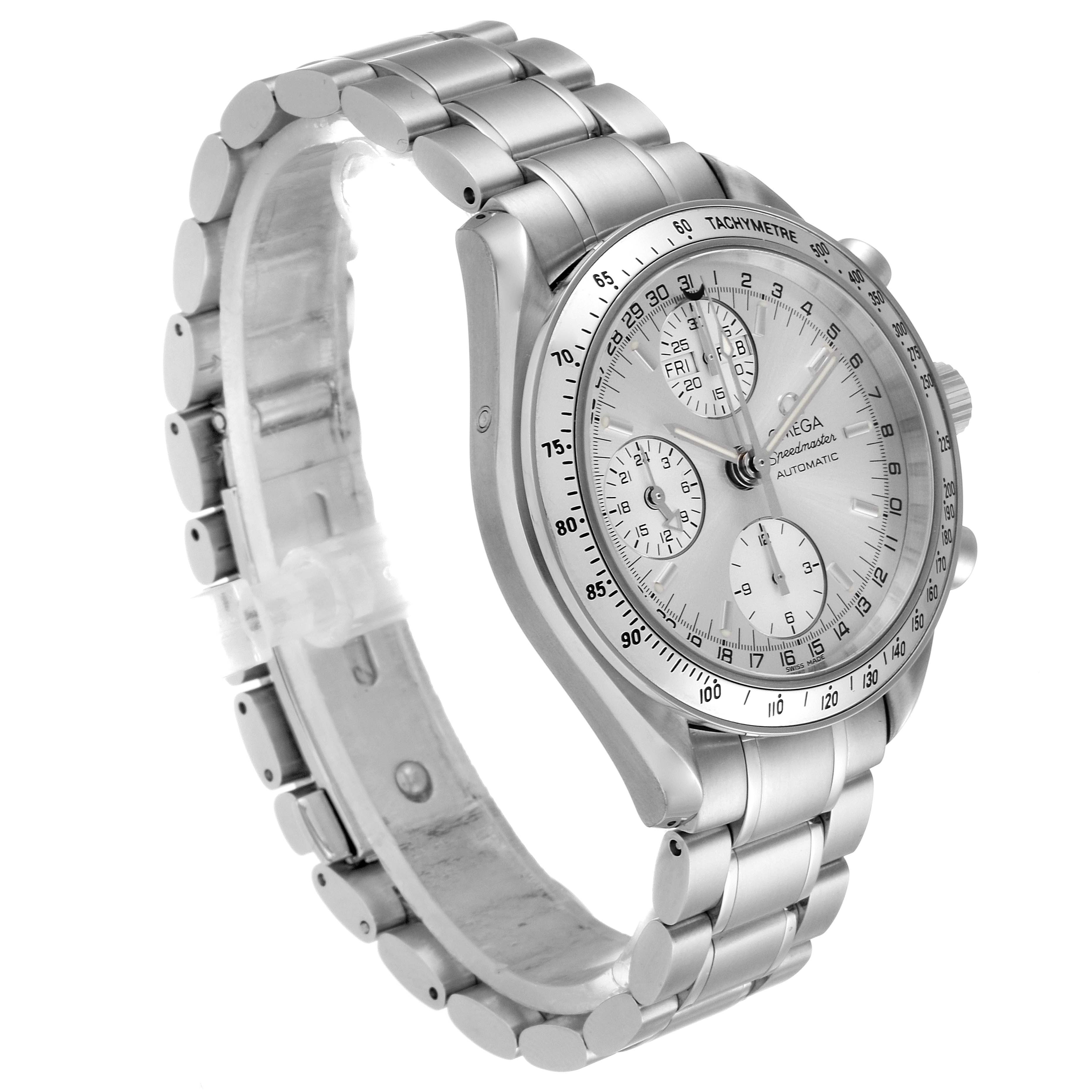 The image shows an Omega Speedmaster 3523.30.00 Men
s Stainless Steel Silver Dial 3523.30.00 Men
s Stainless Steel Silver Dial watch at a three-quarter angle, highlighting the dial, tachymeter bezel, and metal bracelet.