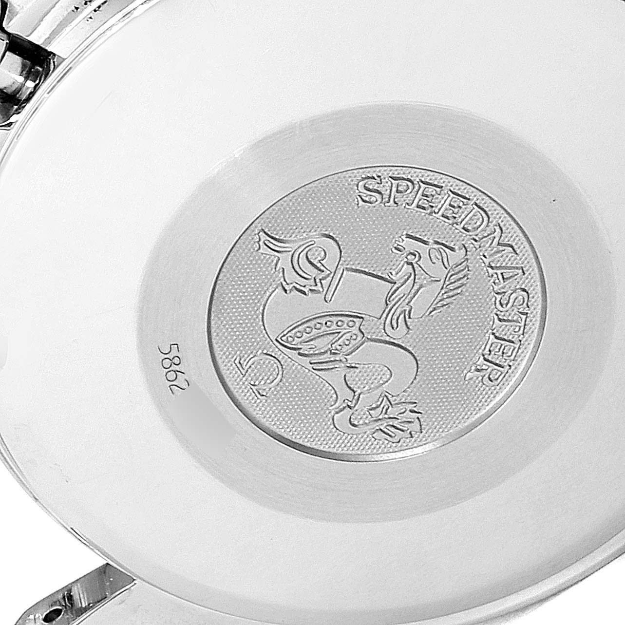 The image shows the back case of an Omega Speedmaster 3523.30.00 Men
s Stainless Steel Silver Dial 3523.30.00 Men
s Stainless Steel Silver Dial watch, featuring the engraved logo and model name.