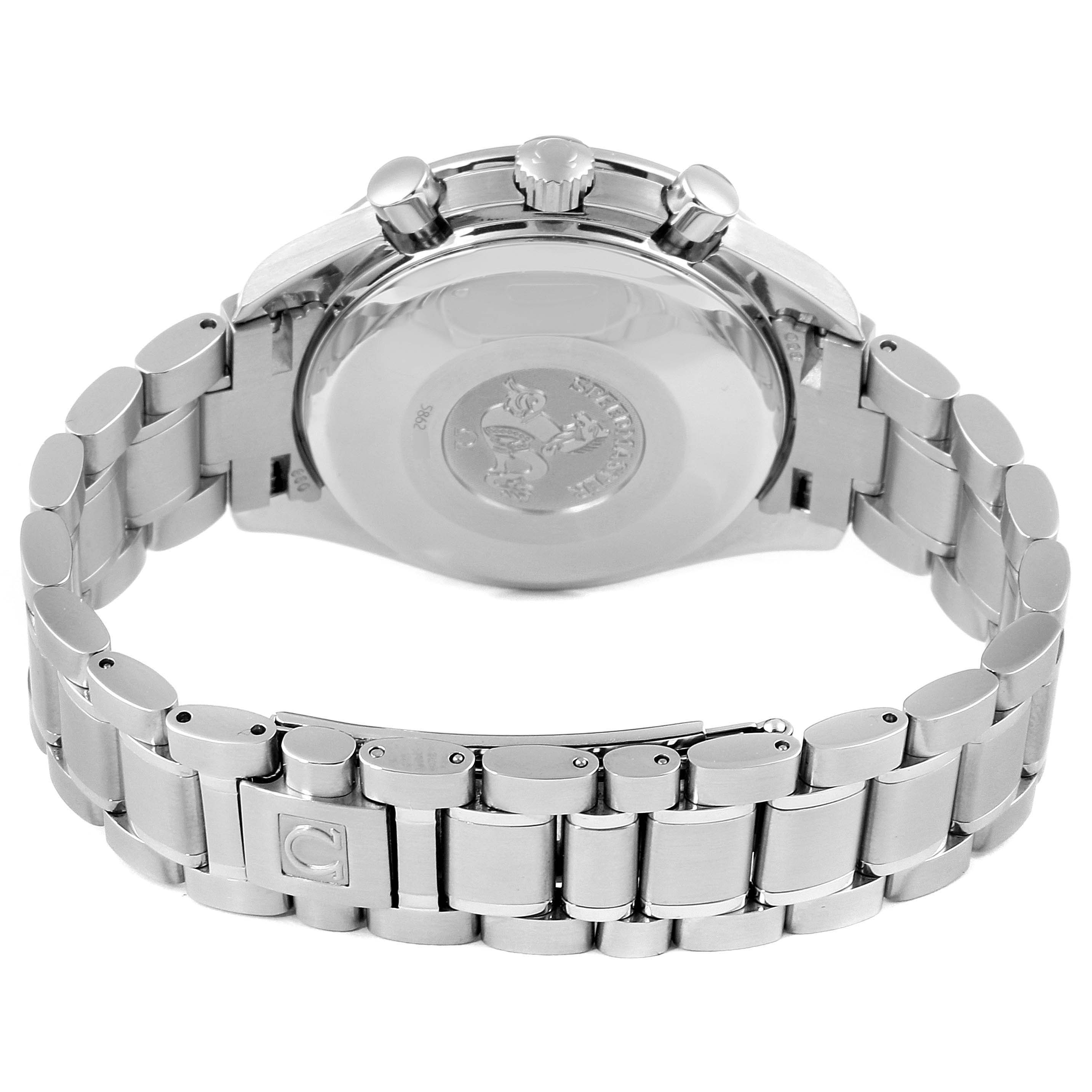 The image shows the back and bracelet of the Omega Speedmaster 3523.30.00 Men
s Stainless Steel Silver Dial 3523.30.00 Men
s Stainless Steel Silver Dial watch, emphasizing the case back and clasp.