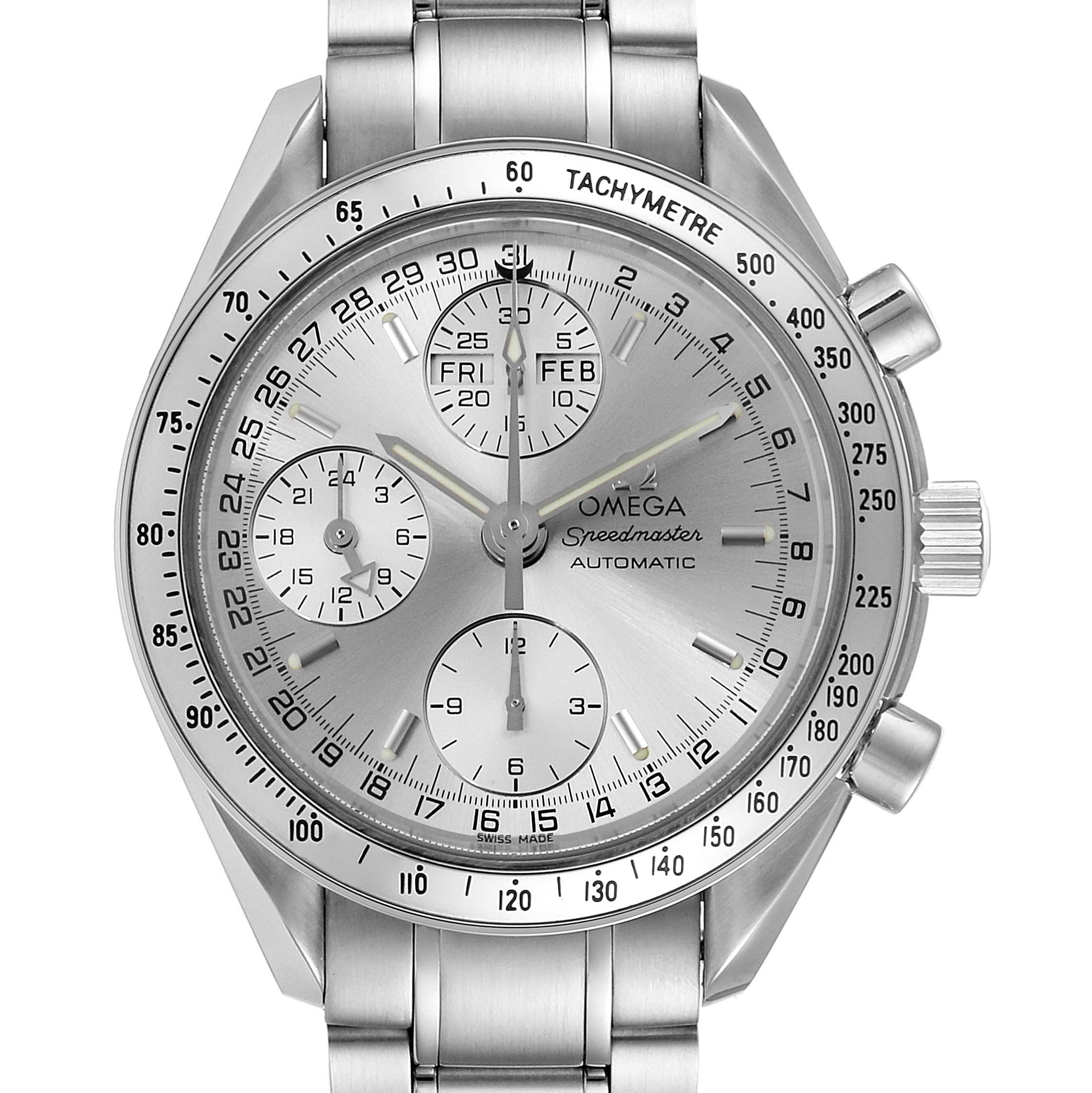 This Omega Speedmaster 3523.30.00 Men
s Stainless Steel Silver Dial 3523.30.00 Men
s Stainless Steel Silver Dial model is shown from the front angle, displaying its dial, sub-dials, and tachymeter bezel.