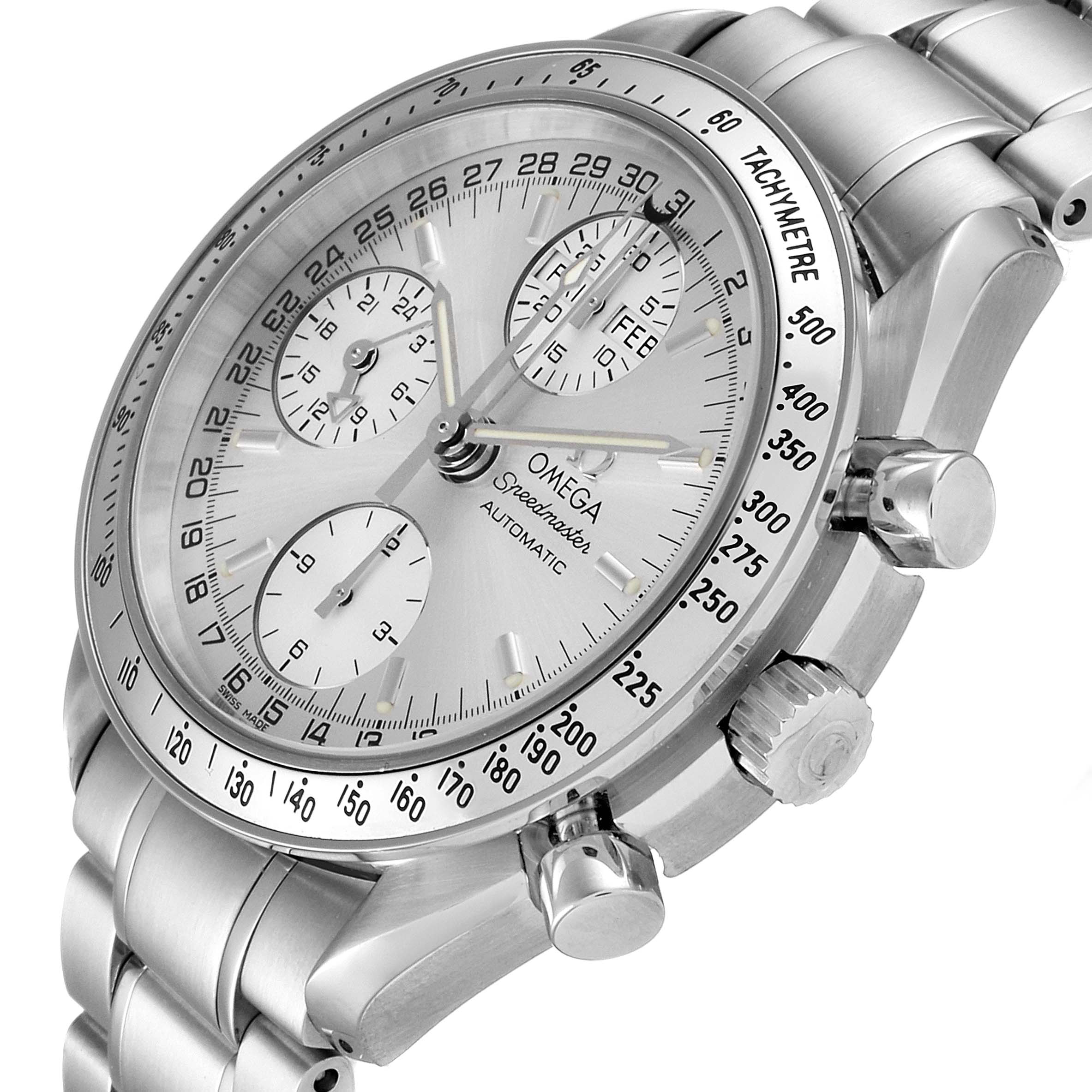 This image shows a close-up, angled view of the Omega Speedmaster 3523.30.00 Men
s Stainless Steel Silver Dial 3523.30.00 Men
s Stainless Steel Silver Dial watch, highlighting the dial, subdials, crown, and pushers.