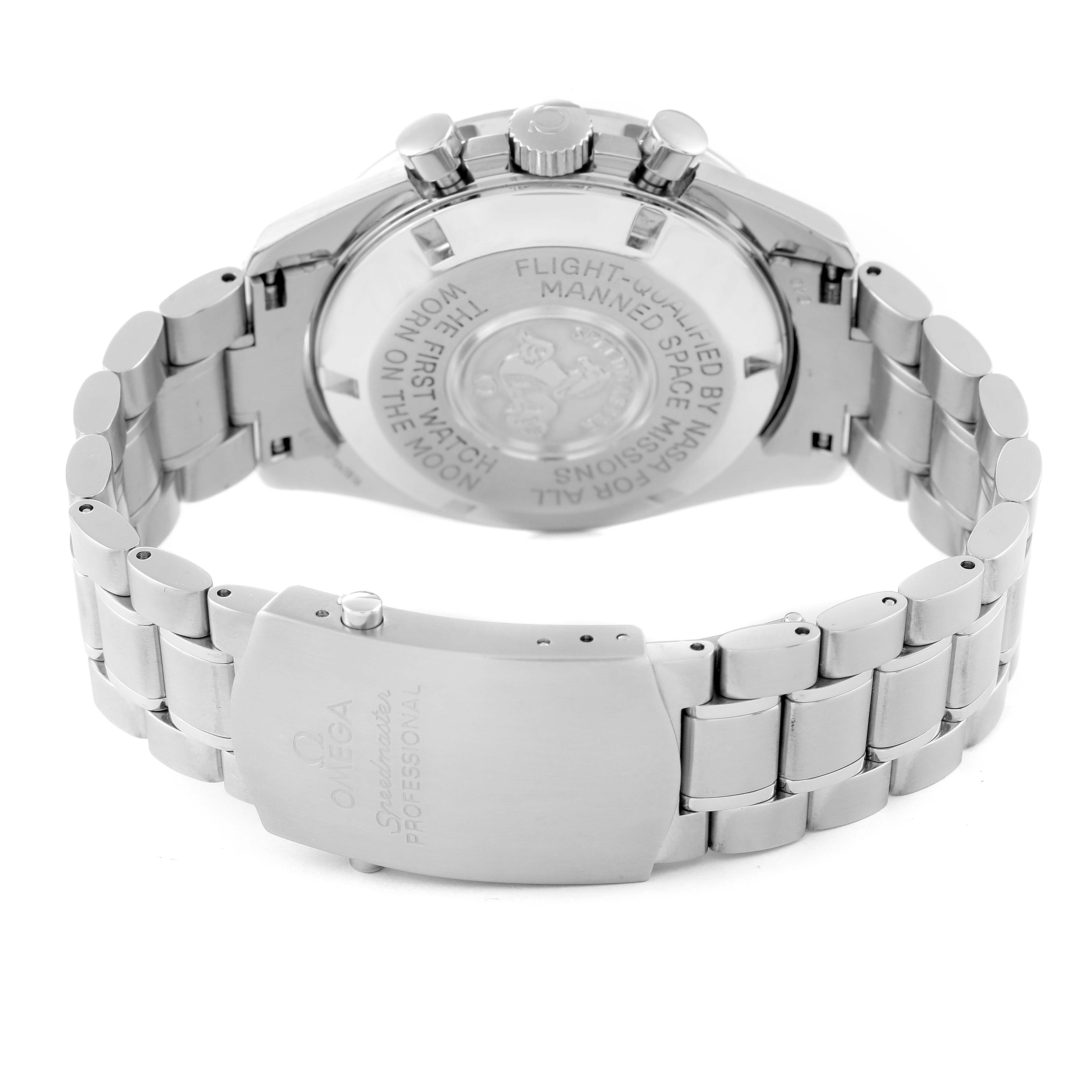 The image shows the back and band of an Omega Speedmaster 3570.50.00 Men's Stainless Steel Black Dial 3570.50.00 Men's Stainless Steel Black Dial watch, highlighting the clasp and caseback engraving.