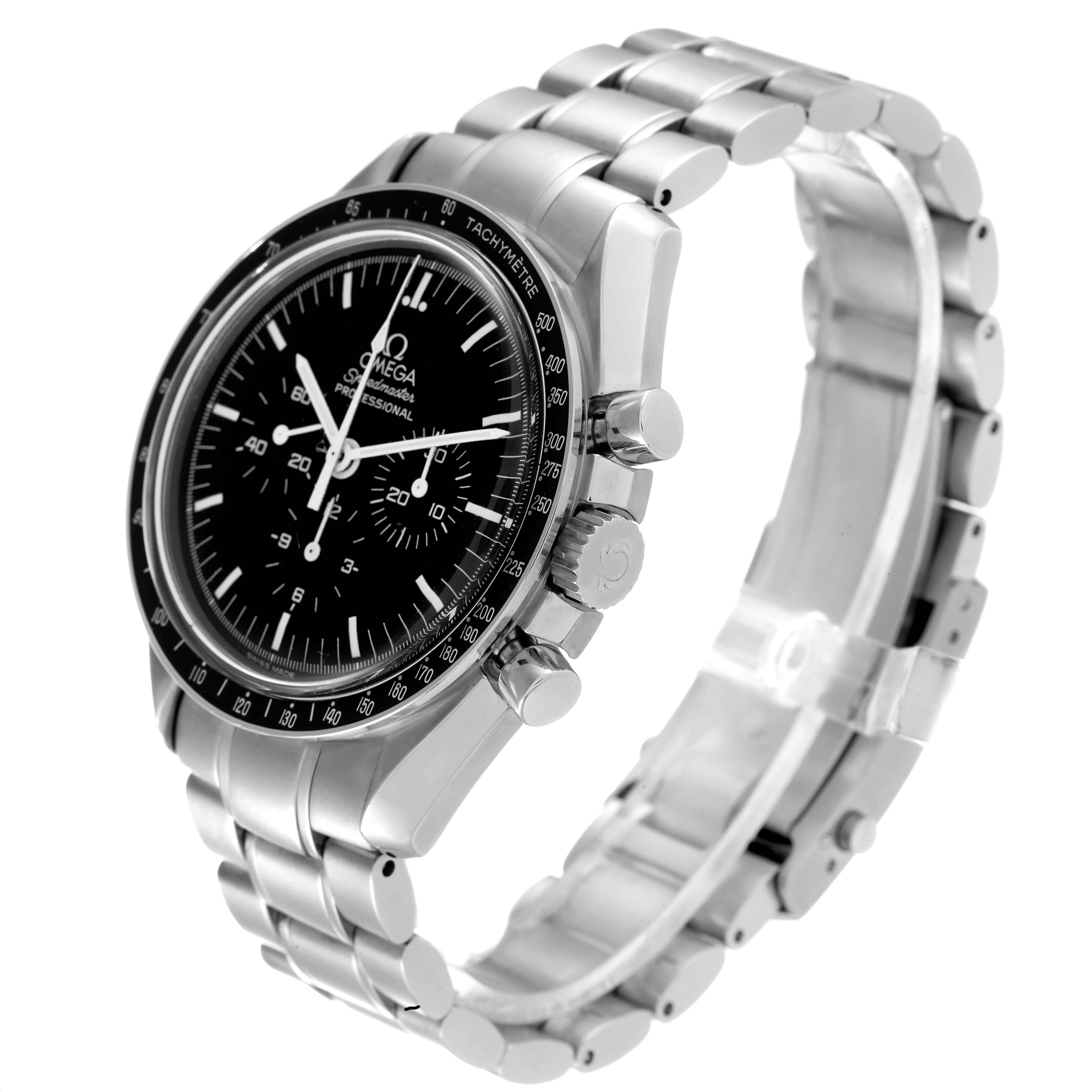 The image shows the Omega Speedmaster 3570.50.00 Men's Stainless Steel Black Dial 3570.50.00 Men's Stainless Steel Black Dial watch from a three-quarter view, highlighting its face, bezel, crown, and bracelet.