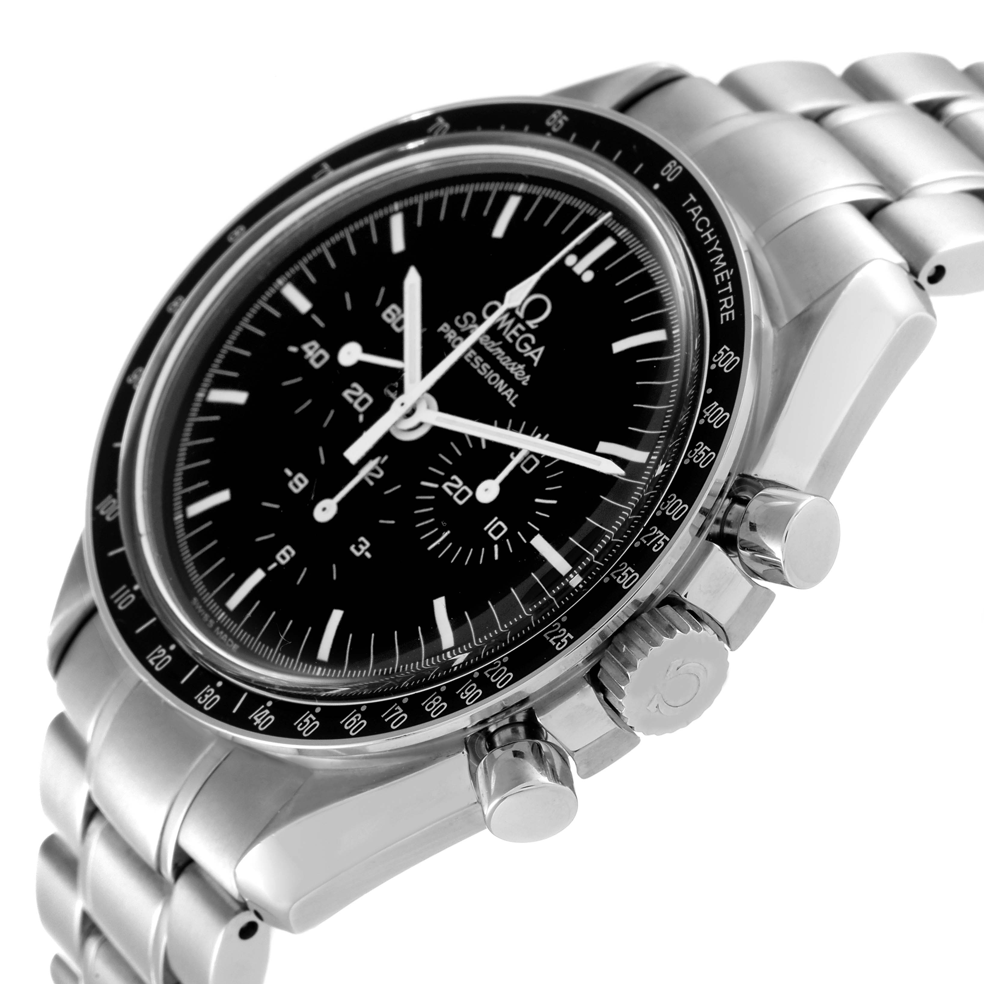 This image shows an Omega Speedmaster 3570.50.00 Men's Stainless Steel Black Dial 3570.50.00 Men's Stainless Steel Black Dial watch from a side angle, highlighting the dial, bezel, and bracelet.
