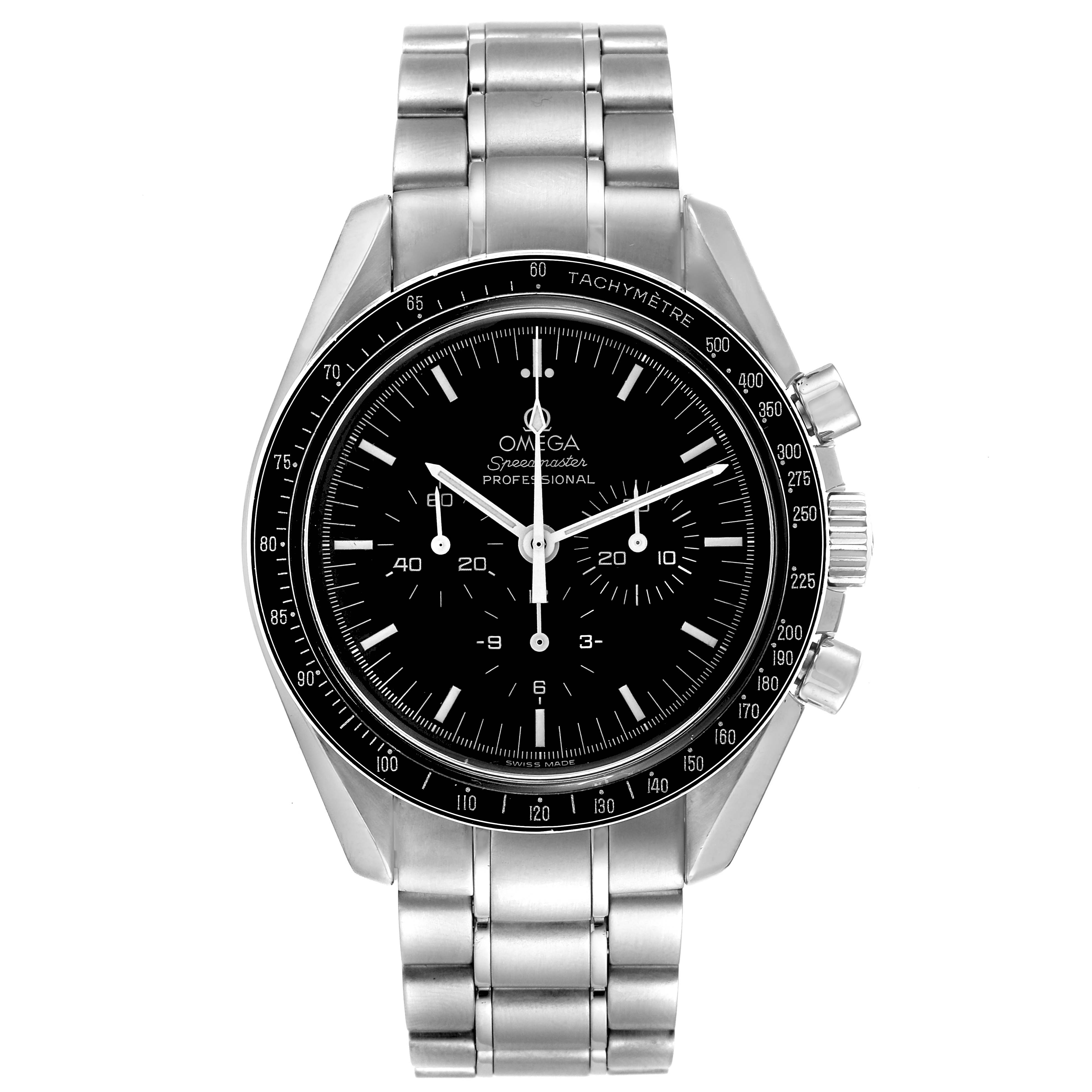 This Omega Speedmaster 3570.50.00 Men's Stainless Steel Black Dial 3570.50.00 Men's Stainless Steel Black Dial watch is shown from a frontal angle, displaying the dial, tachymeter bezel, and stainless steel bracelet.