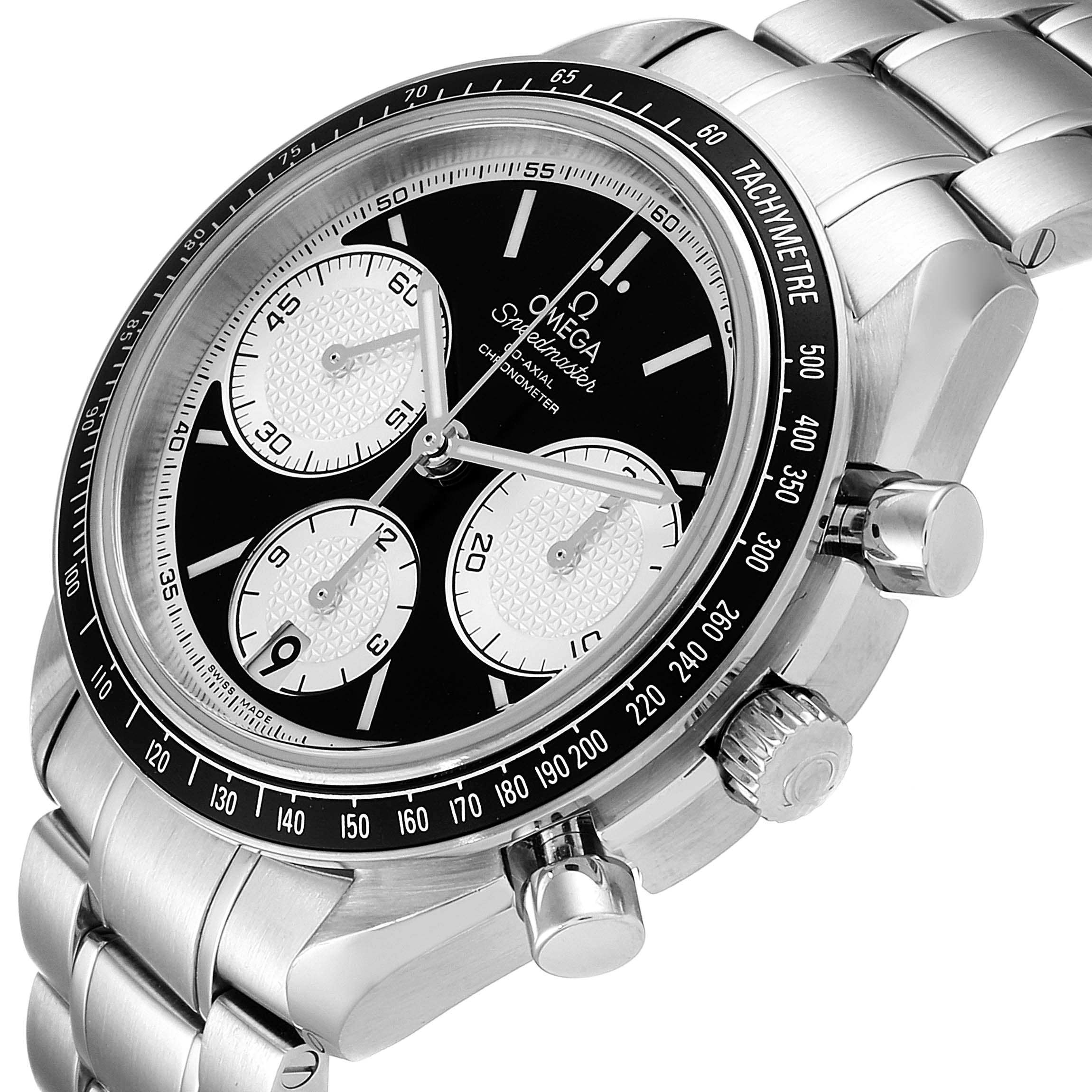 The image shows a close-up, angled view of the dial, bezel, and stainless steel bracelet of the Omega Speedmaster 326.30.40.50.01.002 Men
s Stainless Steel Black Dial 326.30.40.50.01.002 Men
s Stainless Steel Black Dial watch.