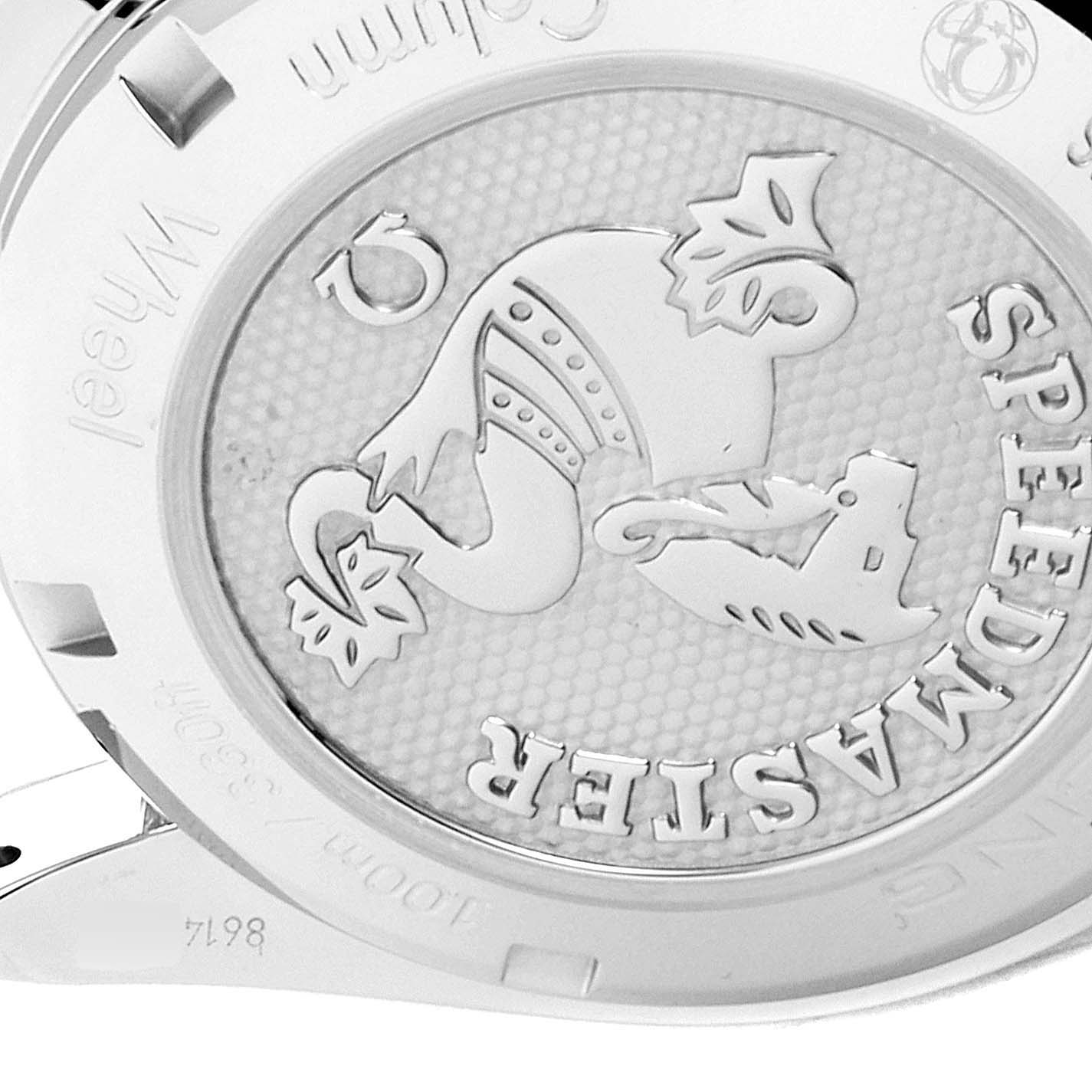 The image shows the engraved caseback of an Omega Speedmaster 326.30.40.50.01.002 Men
s Stainless Steel Black Dial 326.30.40.50.01.002 Men
s Stainless Steel Black Dial watch from a close-up and top-down angle.