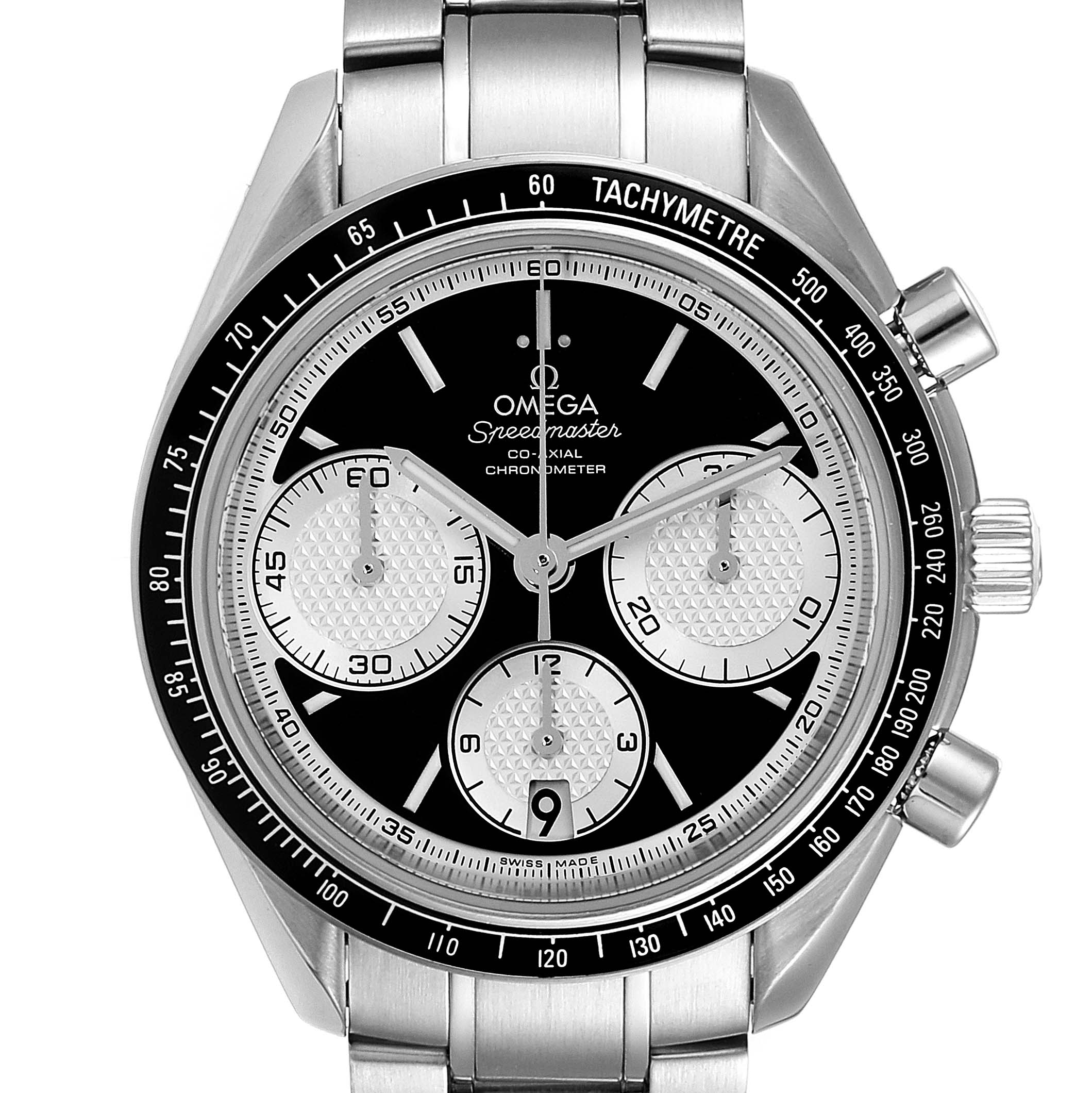 This image of the Omega Speedmaster 326.30.40.50.01.002 Men
s Stainless Steel Black Dial 326.30.40.50.01.002 Men
s Stainless Steel Black Dial watch shows a front view, highlighting the dial, tachymeter bezel, and pushers.