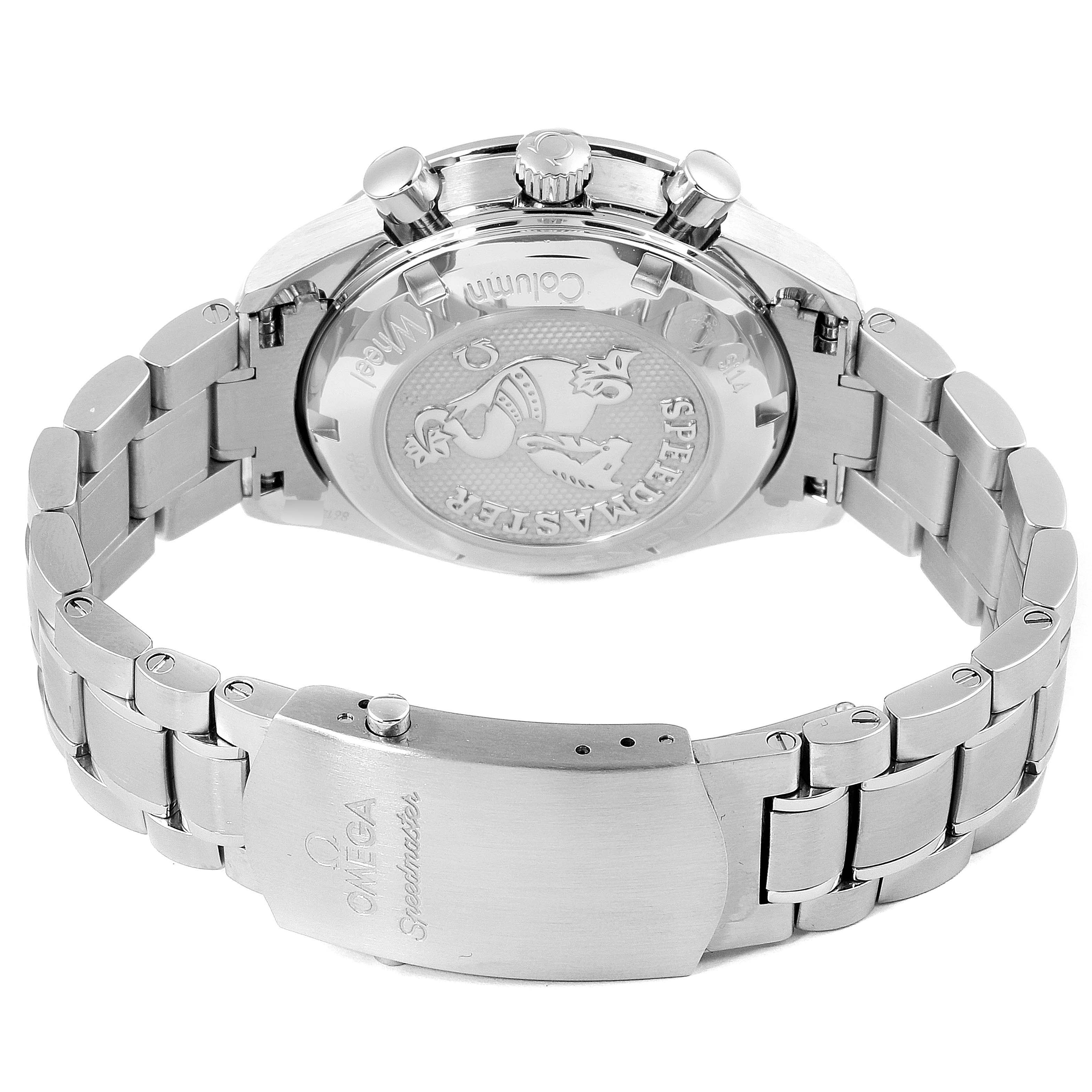 The image shows the back casing and bracelet of an Omega Speedmaster 326.30.40.50.01.002 Men
s Stainless Steel Black Dial 326.30.40.50.01.002 Men
s Stainless Steel Black Dial watch, viewed from the backside.