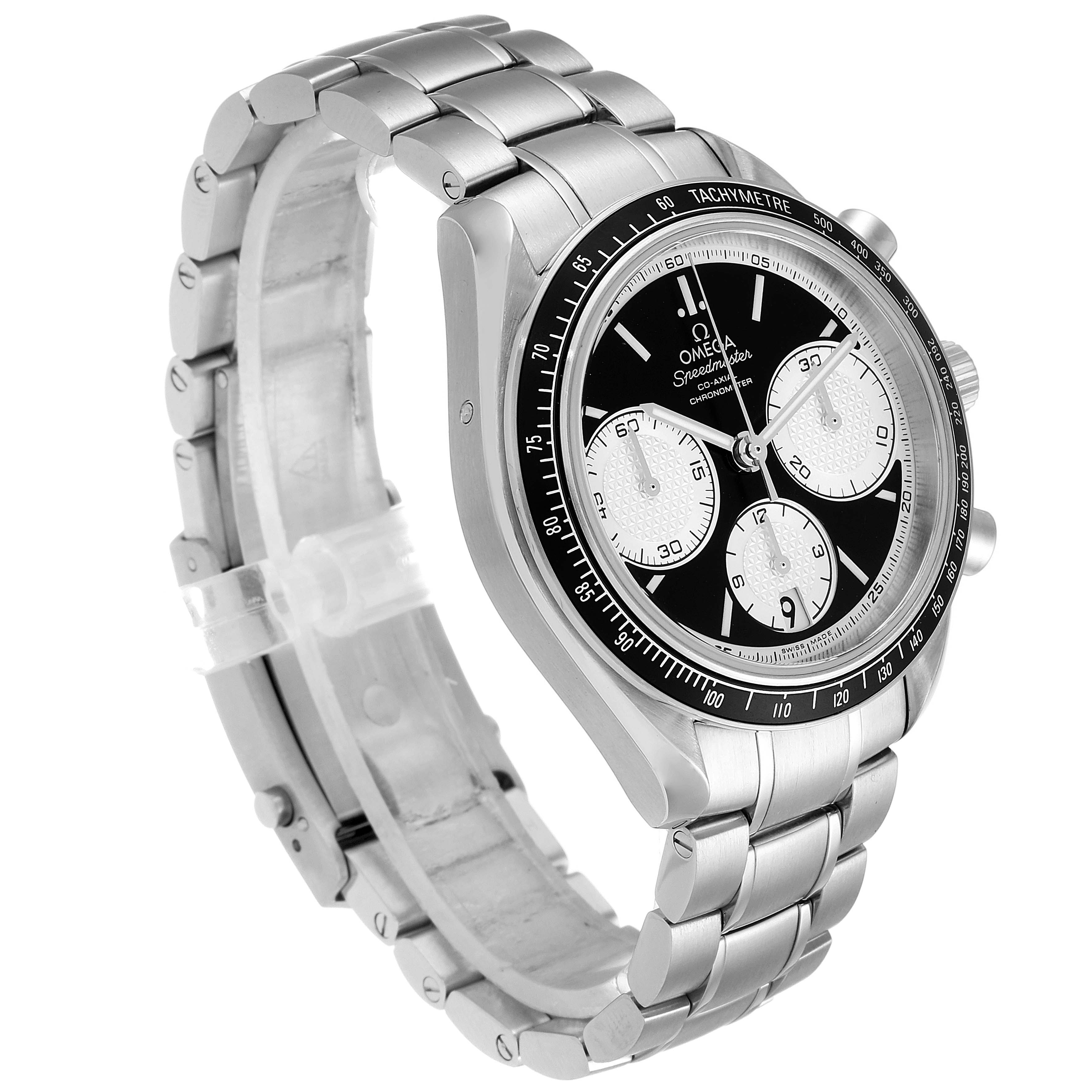 The image shows an angled side view of an Omega Speedmaster 326.30.40.50.01.002 Men
s Stainless Steel Black Dial 326.30.40.50.01.002 Men
s Stainless Steel Black Dial watch, highlighting its dial, bezel, and metal bracelet.