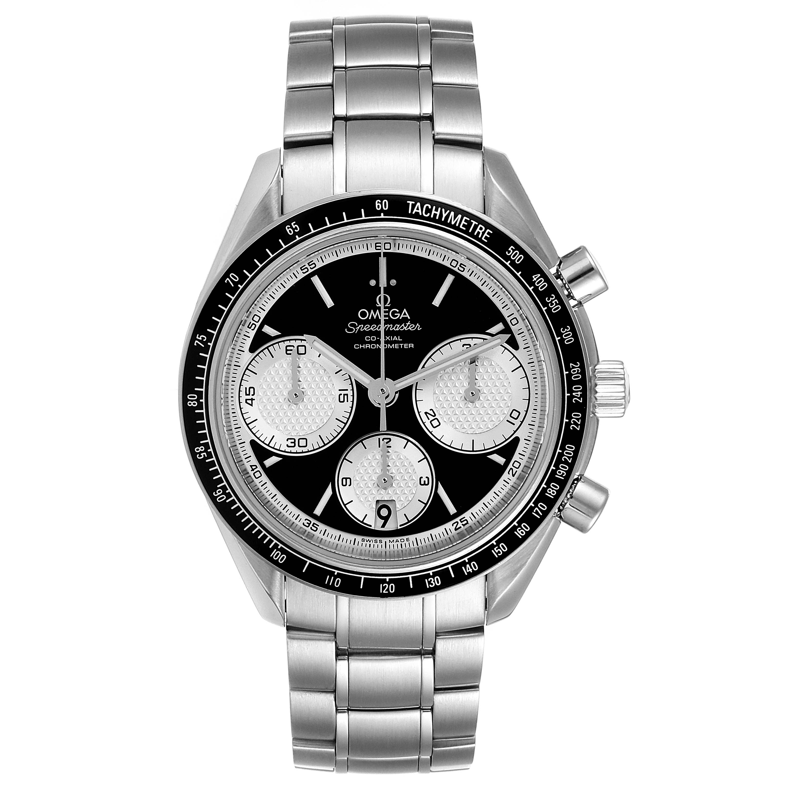 The image shows a front view of an Omega Speedmaster 326.30.40.50.01.002 Men
s Stainless Steel Black Dial 326.30.40.50.01.002 Men
s Stainless Steel Black Dial watch, displaying its dial, bezel, and stainless steel bracelet.