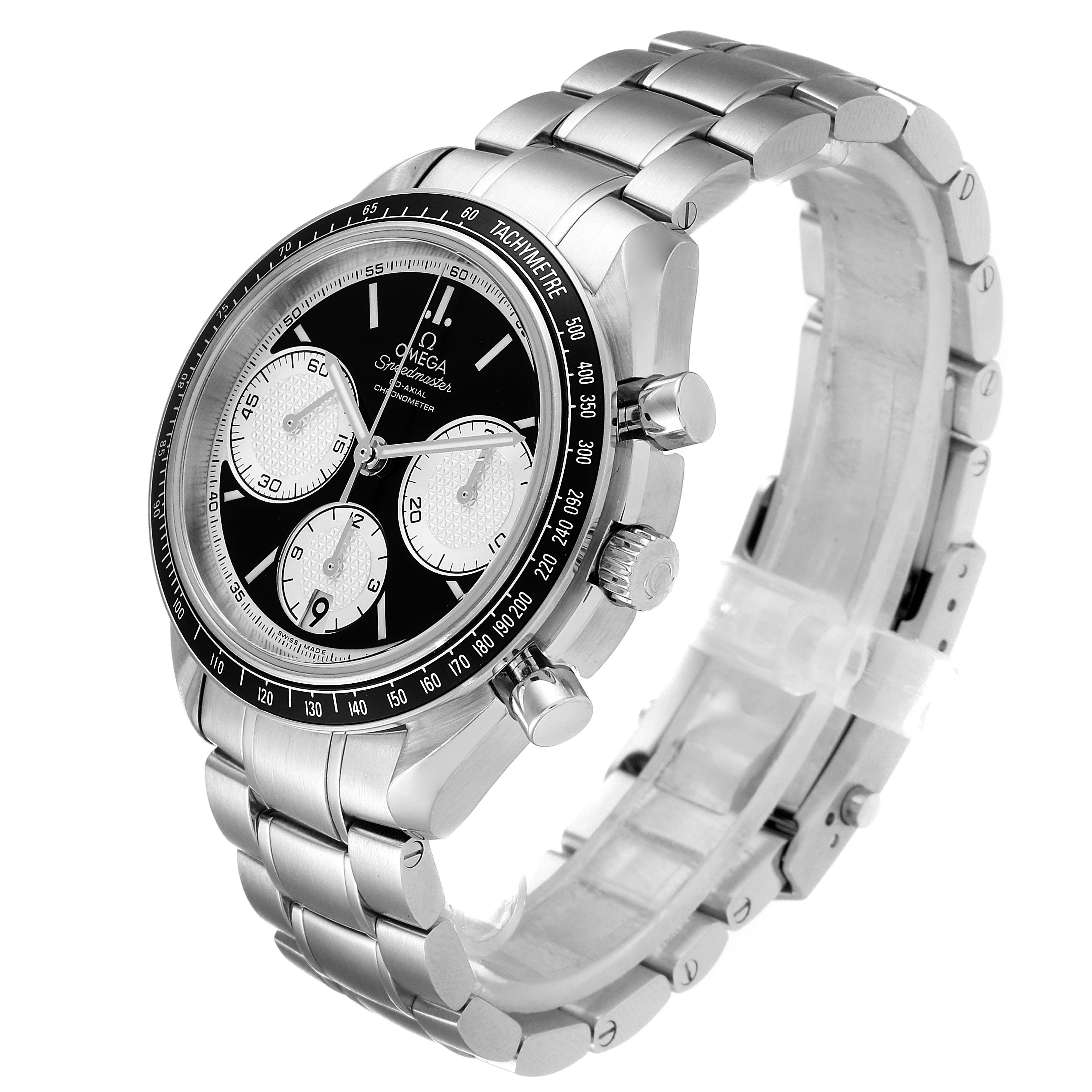 The Omega Speedmaster 326.30.40.50.01.002 Men
s Stainless Steel Black Dial 326.30.40.50.01.002 Men
s Stainless Steel Black Dial watch is shown at a three-quarter angle, highlighting its dial, subdials, bezel, crown, pushers, and bracelet.