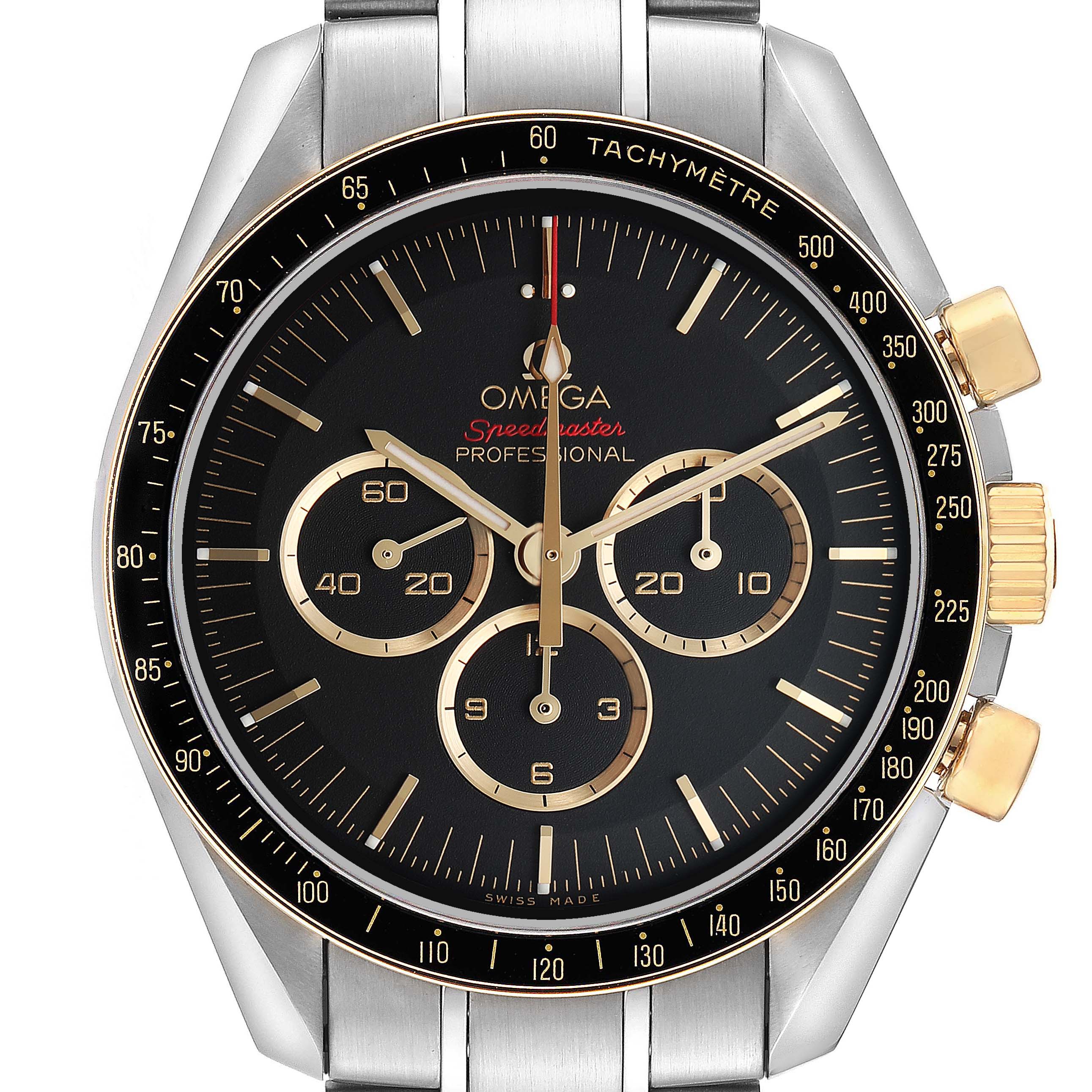 The Omega Speedmaster 522.20.42.30.01.001 Men's Stainless Steel Black Dial watch is shown from the front, highlighting the dial, tachymetric bezel, and pushers.