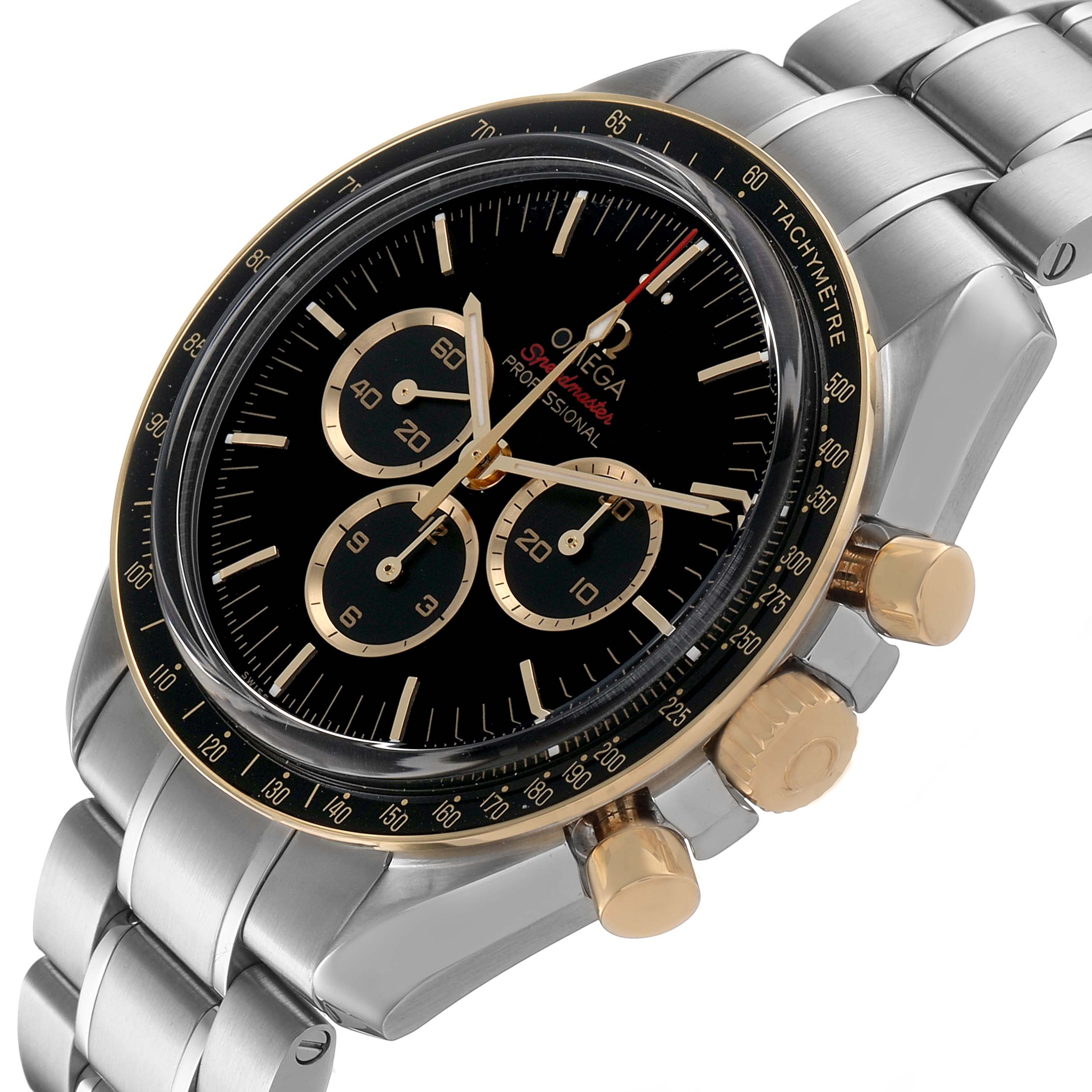 The Omega Speedmaster 522.20.42.30.01.001 Men's Stainless Steel Black Dial watch is shown from an angled top view displaying the face, bezel, crown, and part of the bracelet.