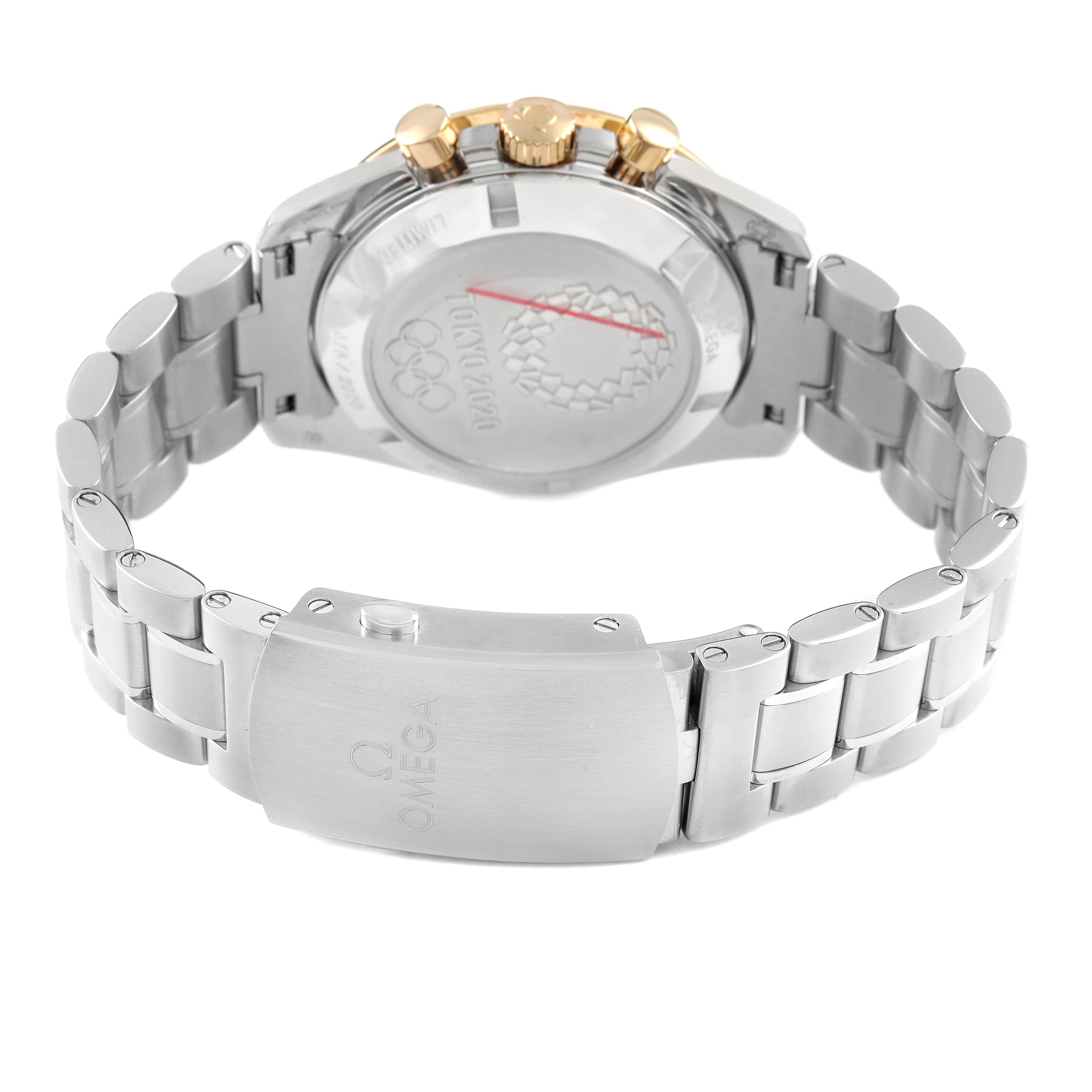 The Omega Speedmaster 522.20.42.30.01.001 Men's Stainless Steel Black Dial watch is shown from the rear, highlighting the case back, bracelet, and clasp.