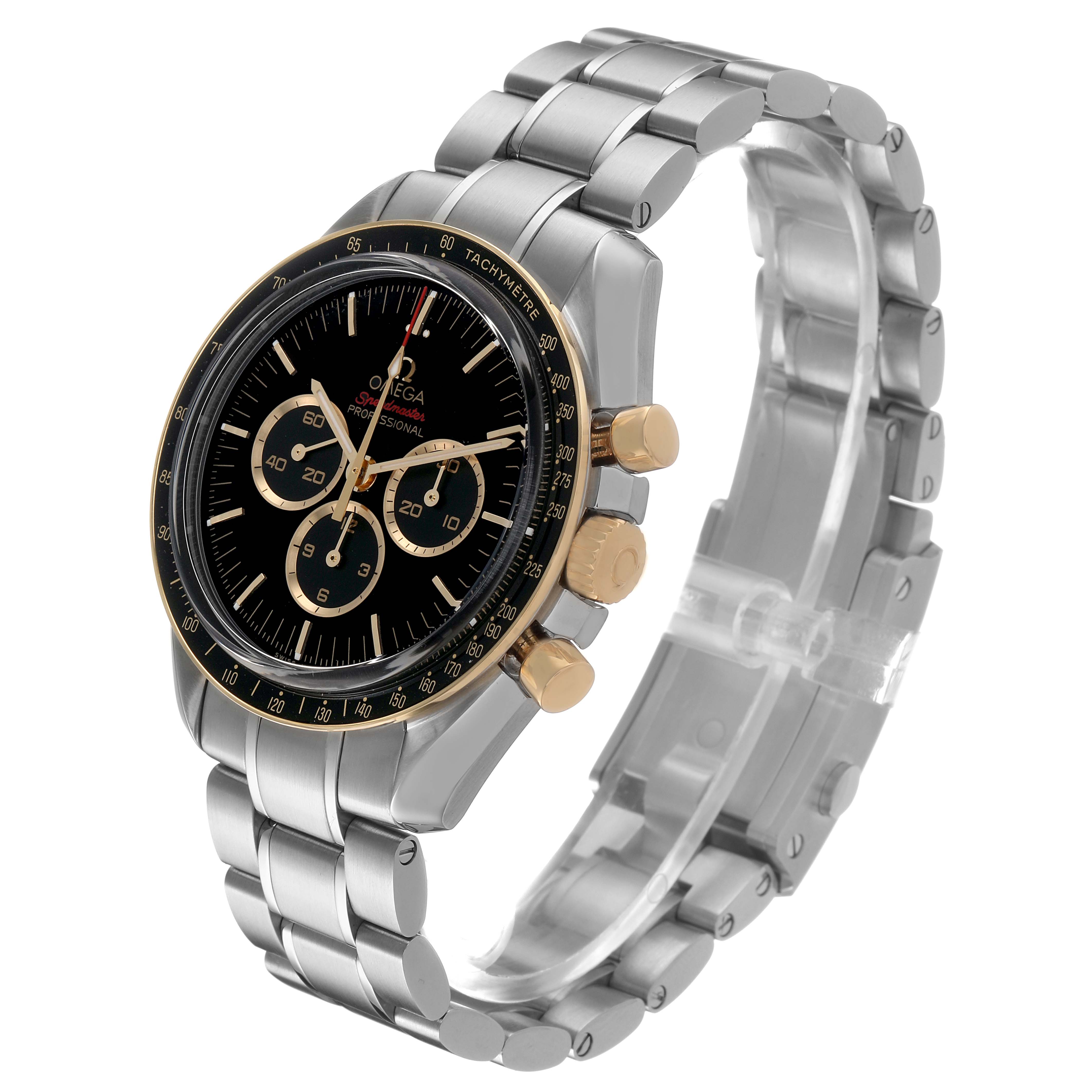 The Omega Speedmaster 522.20.42.30.01.001 Men's Stainless Steel Black Dial watch is shown at a three-quarter angle, revealing the face, bezel, pushers, and bracelet.