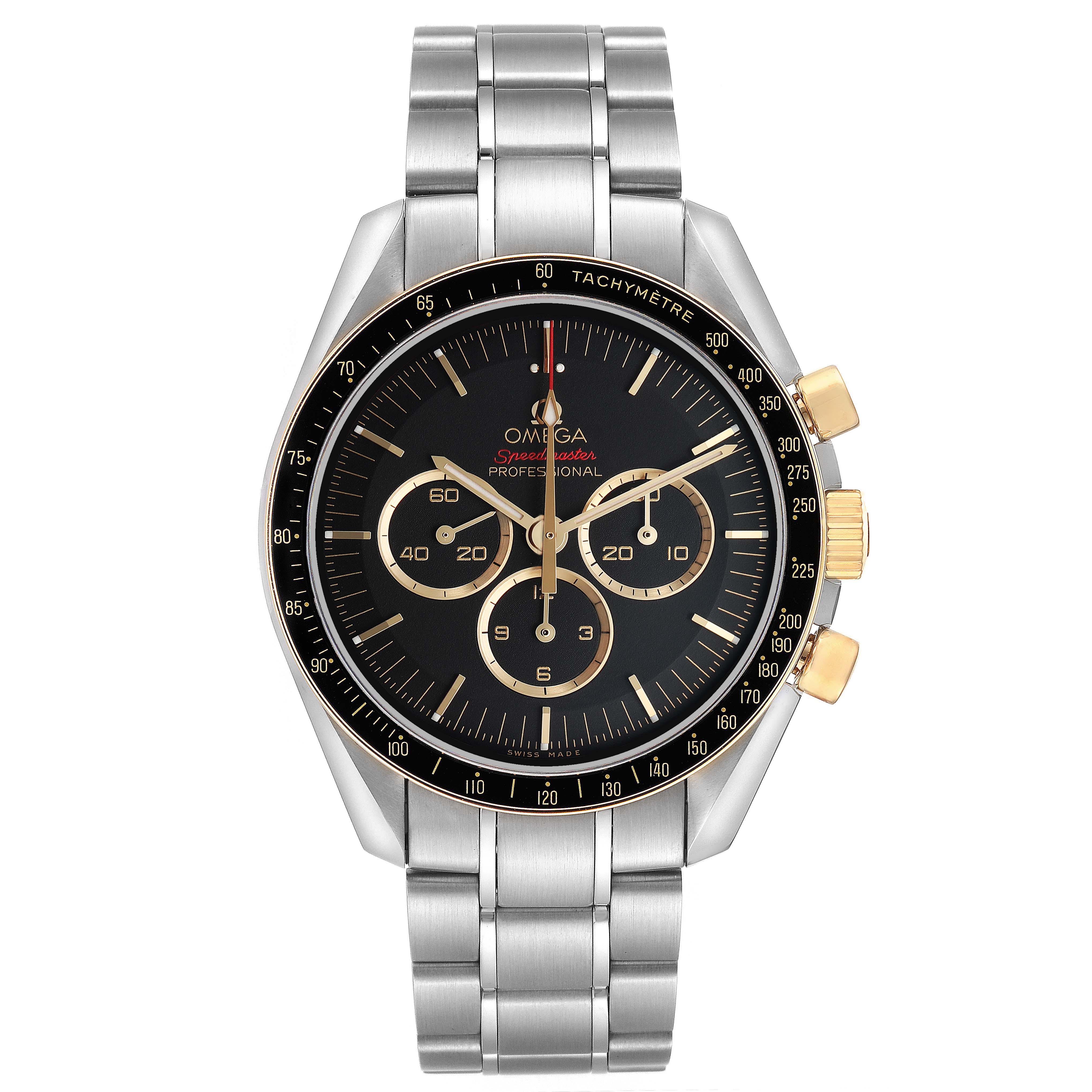 The Omega Speedmaster 522.20.42.30.01.001 Men's Stainless Steel Black Dial watch is shown front-on, displaying the dial, tachymeter bezel, pushers, and metal bracelet.