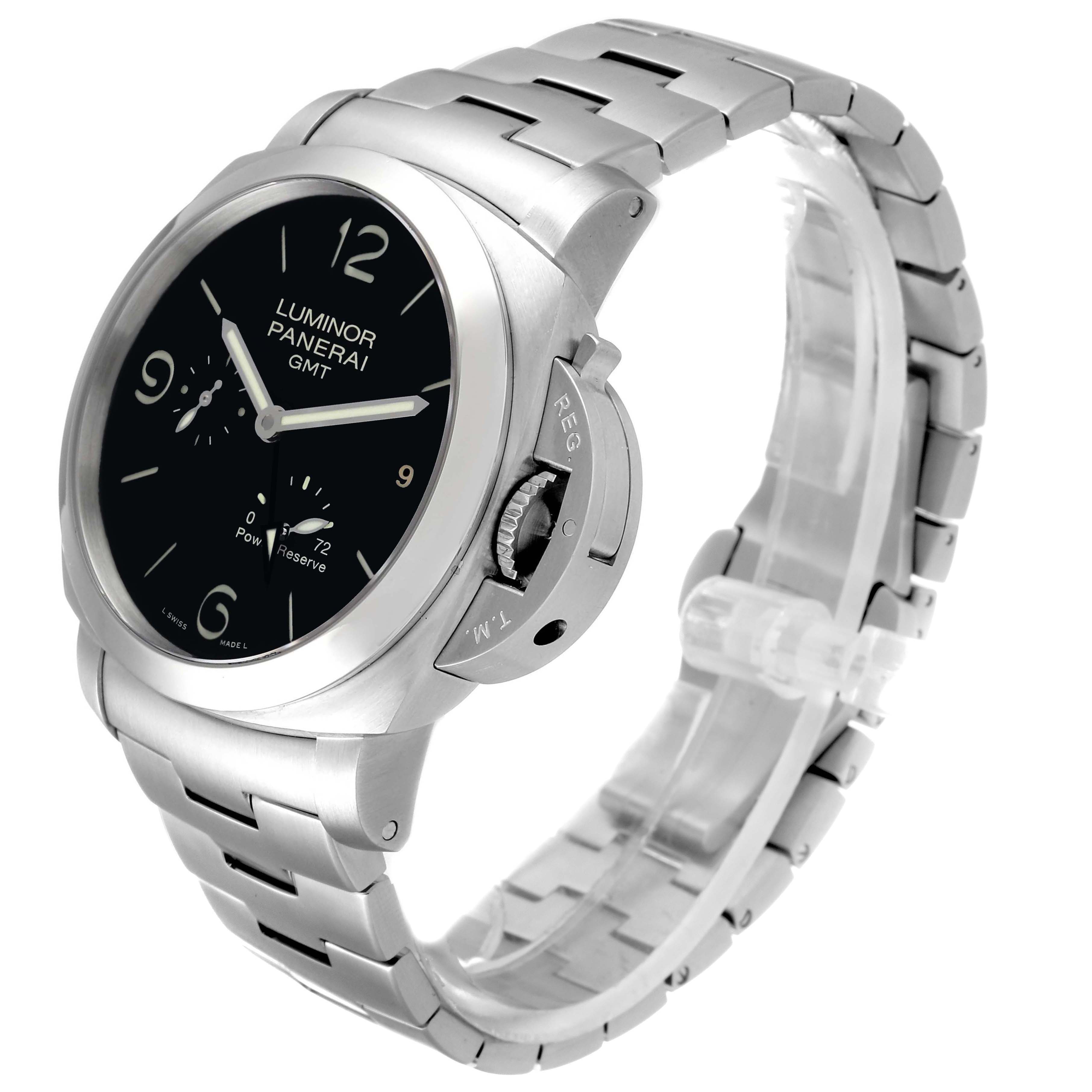 The image shows a Panerai Luminor PAM00347 Men's Stainless Steel Black Dial PAM00347 Men's Stainless Steel Black Dial GMT watch at an oblique angle, highlighting the dial, crown guard, and metal bracelet.