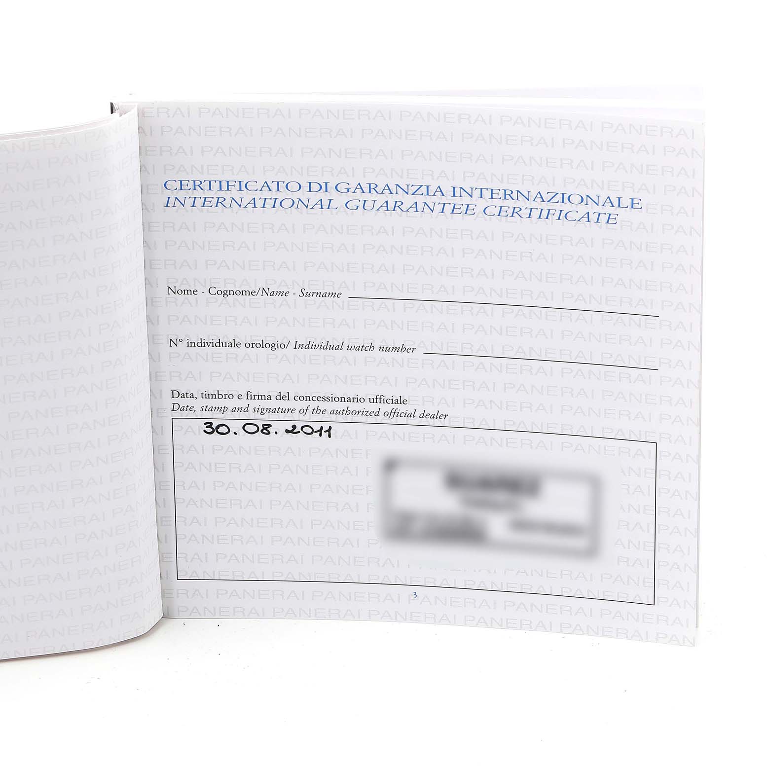 This is the International Guarantee Certificate for the Panerai Luminor PAM00347 Men's Stainless Steel Black Dial PAM00347 Men's Stainless Steel Black Dial watch, shown from an overhead angle.