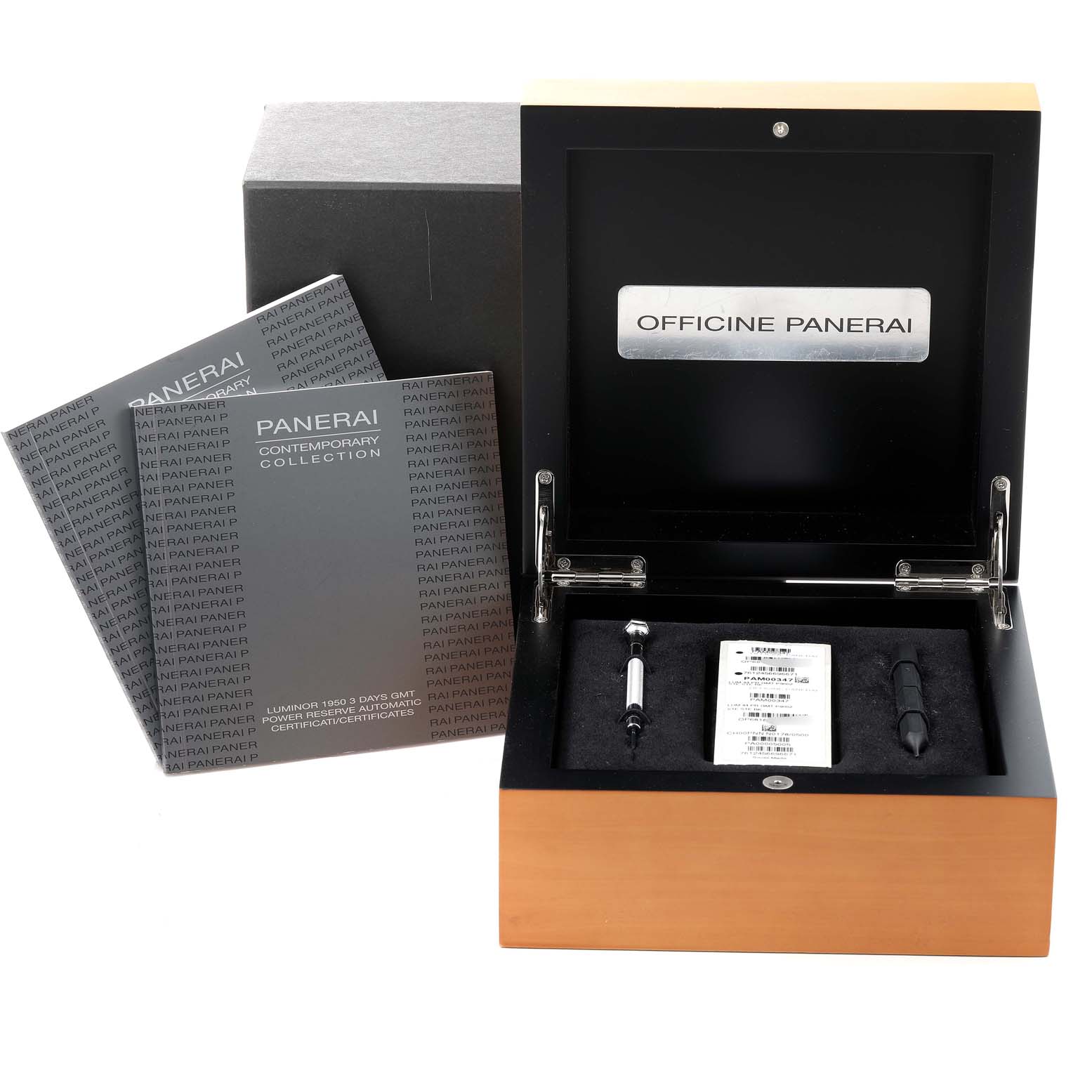 The image shows an open Panerai Luminor PAM00347 Men's Stainless Steel Black Dial PAM00347 Men's Stainless Steel Black Dial watch box with two booklets and watch accessories inside.