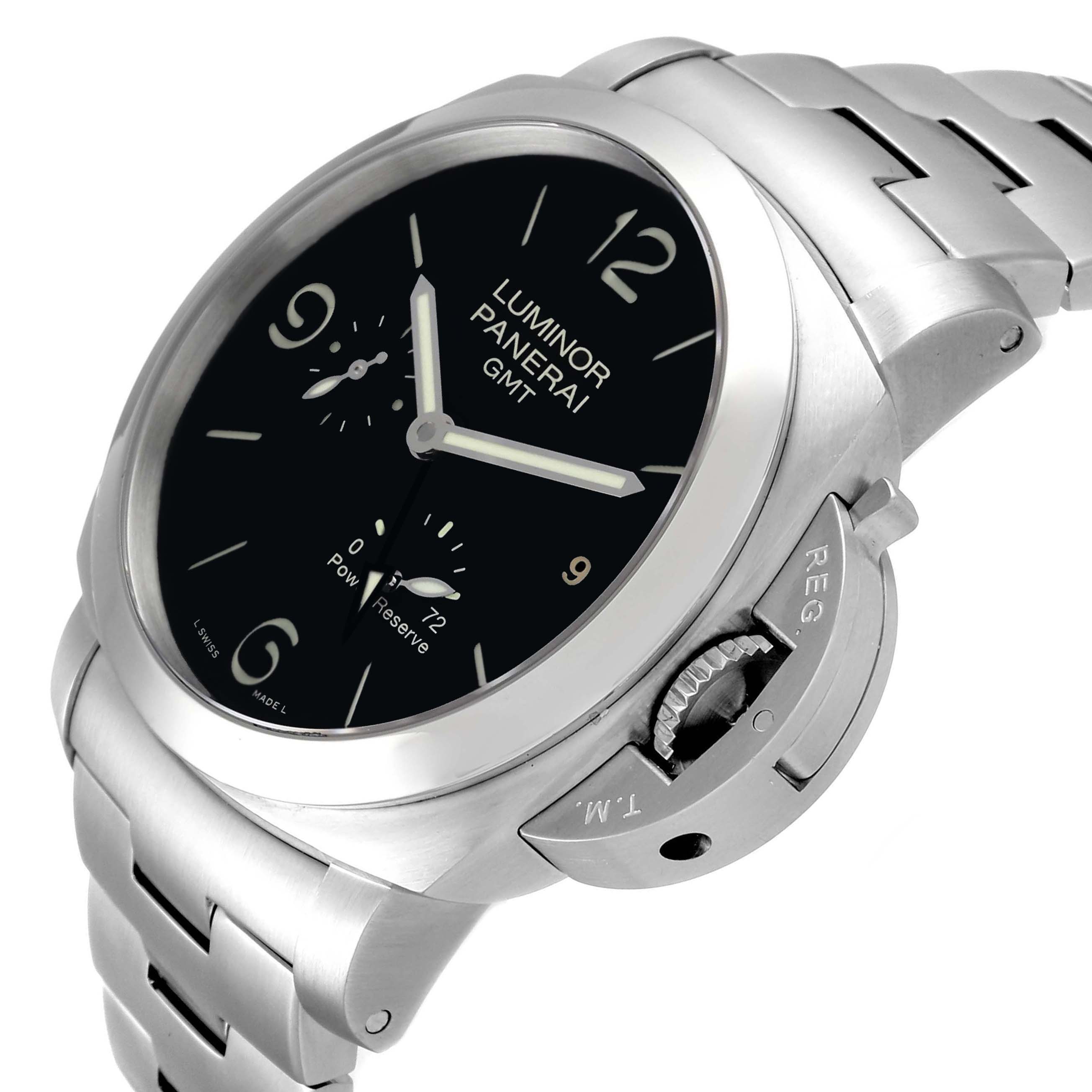The image shows a side angle of the Panerai Luminor PAM00347 Men's Stainless Steel Black Dial PAM00347 Men's Stainless Steel Black Dial GMT watch, highlighting the dial, crown guard, and bracelet.