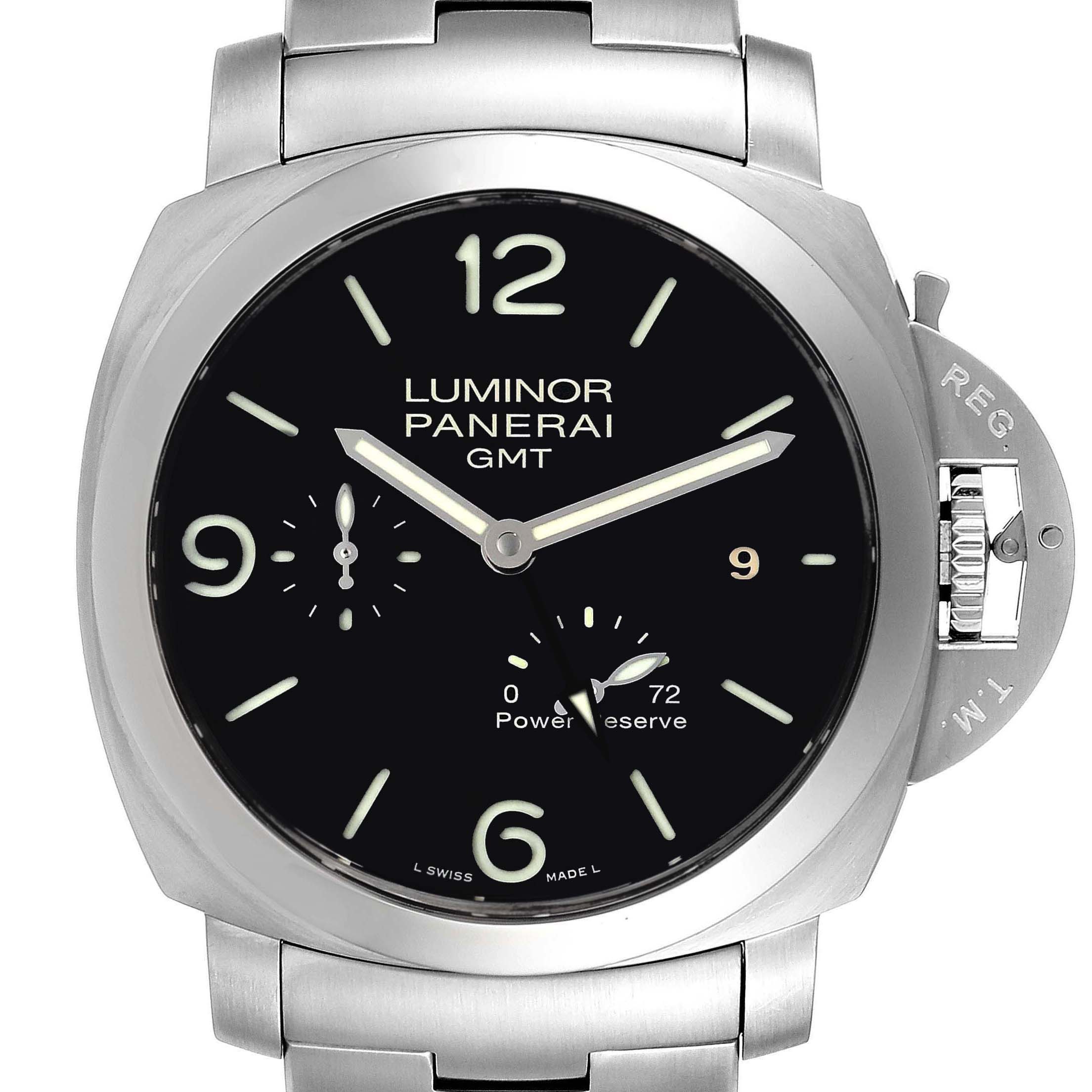 This image shows a Panerai Luminor PAM00347 Men's Stainless Steel Black Dial PAM00347 Men's Stainless Steel Black Dial GMT watch from a top-down angle, displaying its dial, hands, crown guard, and bracelet.