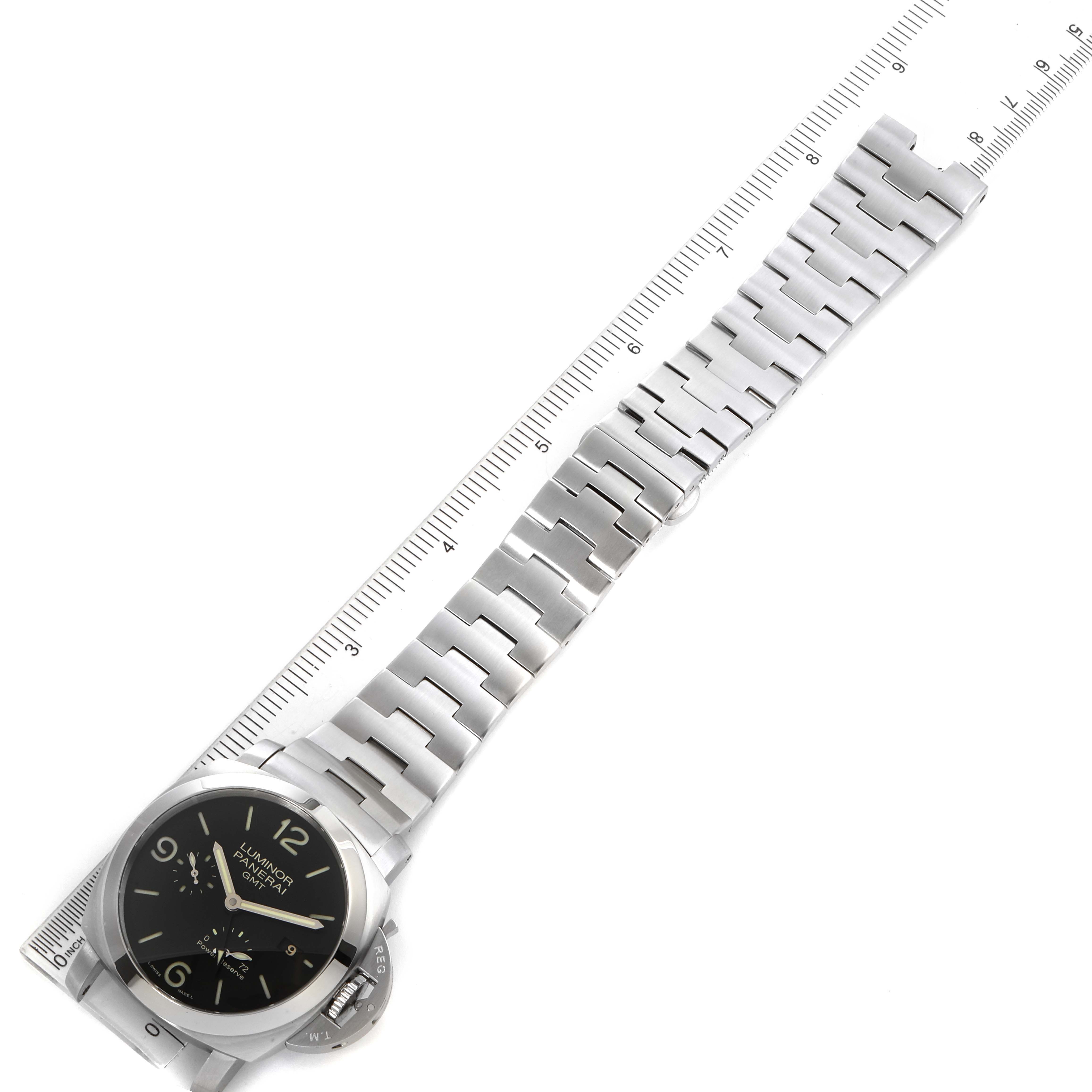 The image shows a Panerai Luminor PAM00347 Men's Stainless Steel Black Dial PAM00347 Men's Stainless Steel Black Dial watch, including the face, bezel, crown guard, and metal bracelet, with a ruler for scale.