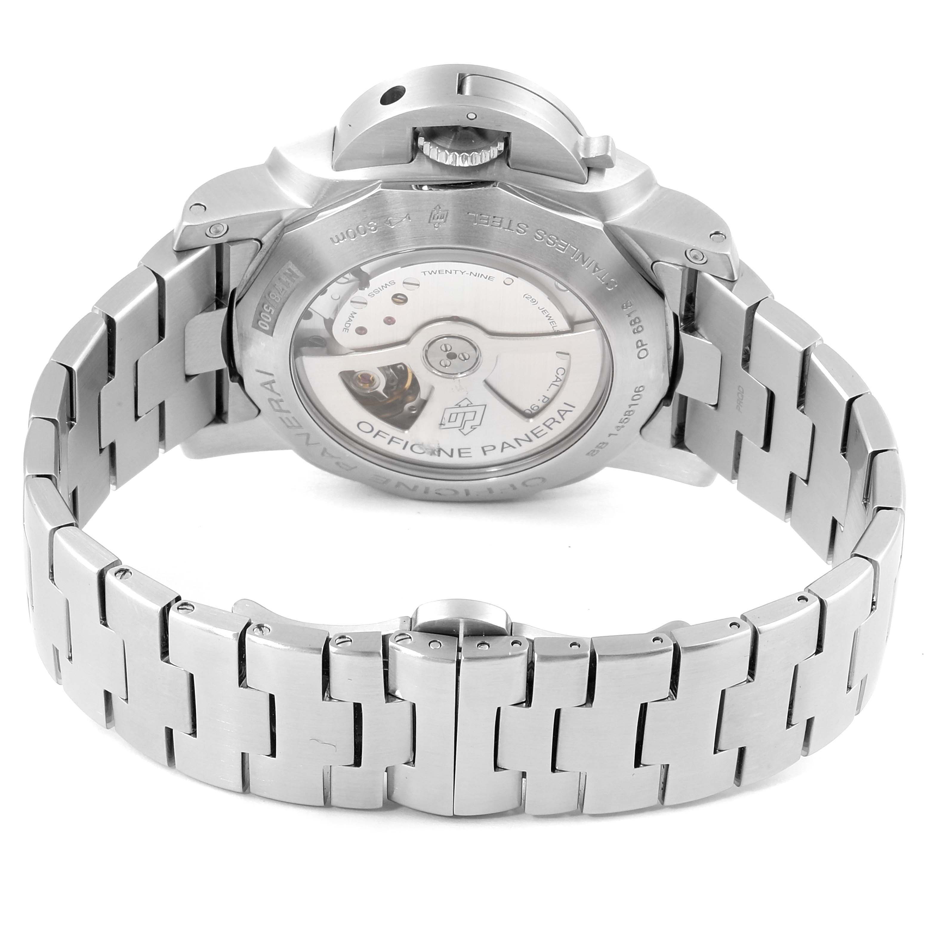 The image shows the back view of a Panerai Luminor PAM00347 Men's Stainless Steel Black Dial PAM00347 Men's Stainless Steel Black Dial watch, highlighting the movement and stainless steel bracelet.