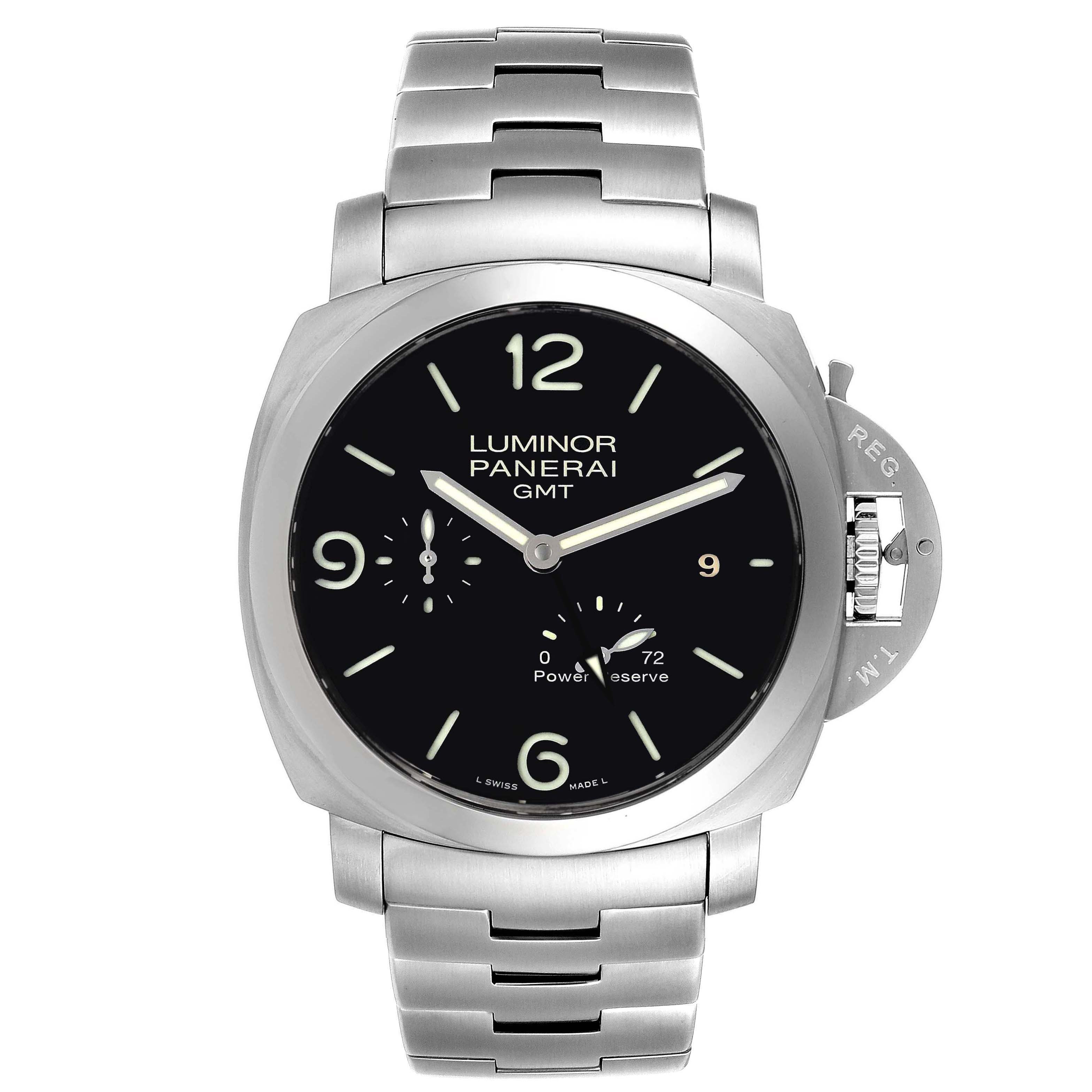 The image shows a front view of the Panerai Luminor PAM00347 Men's Stainless Steel Black Dial PAM00347 Men's Stainless Steel Black Dial GMT watch, highlighting the face, dial, and metal strap.