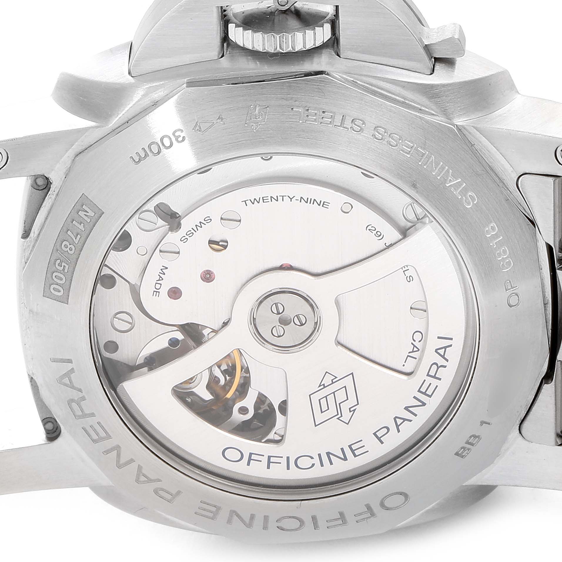 This image shows the back view of a Panerai Luminor PAM00347 Men's Stainless Steel Black Dial PAM00347 Men's Stainless Steel Black Dial watch, highlighting the exposed movement and rotor through a transparent case back.