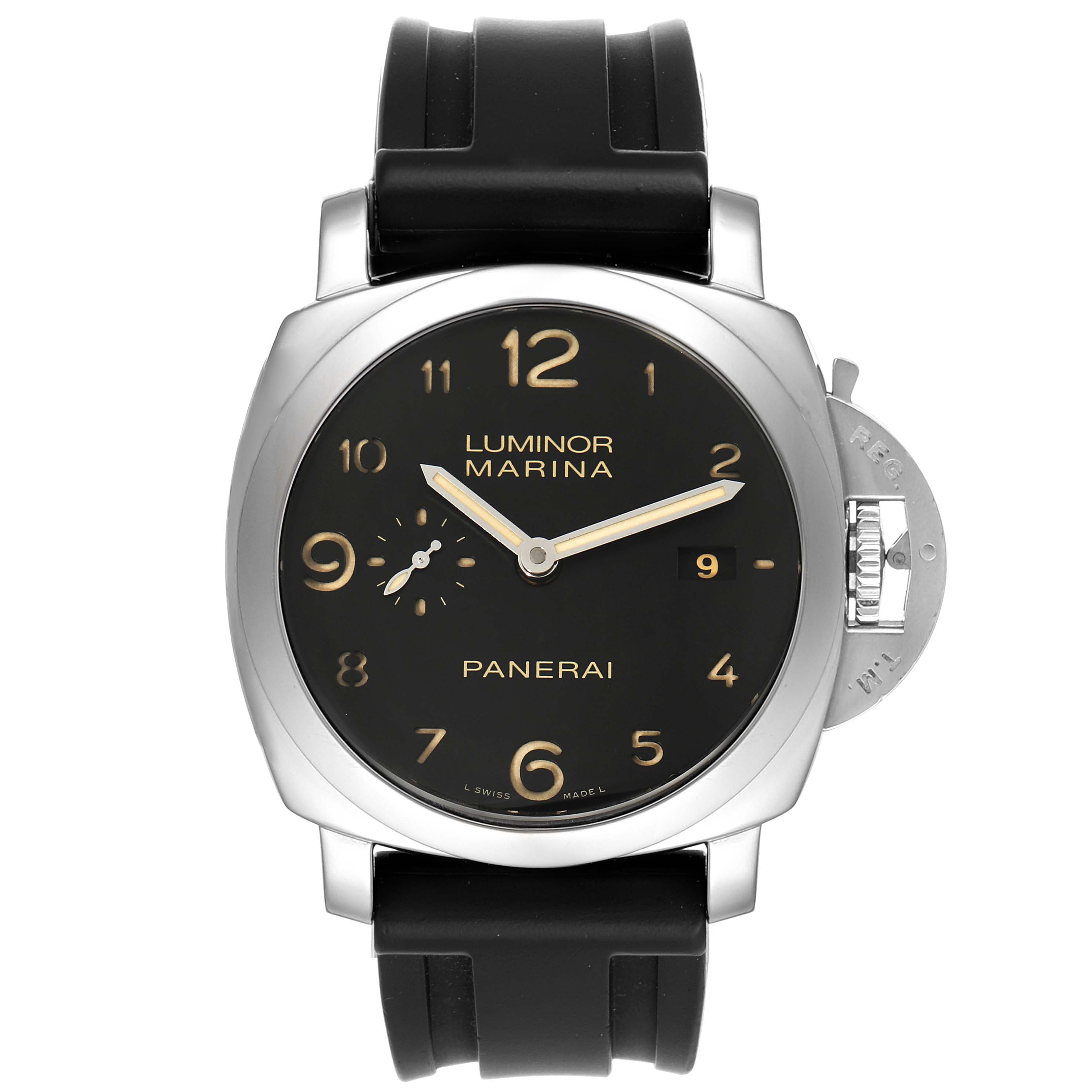 The image displays a front view of a Panerai Luminor PAM00359 Men
s Stainless Steel Black Dial PAM00359 Men
s Stainless Steel Black Dial watch, showing the face, numbers, hands, and crown guard.