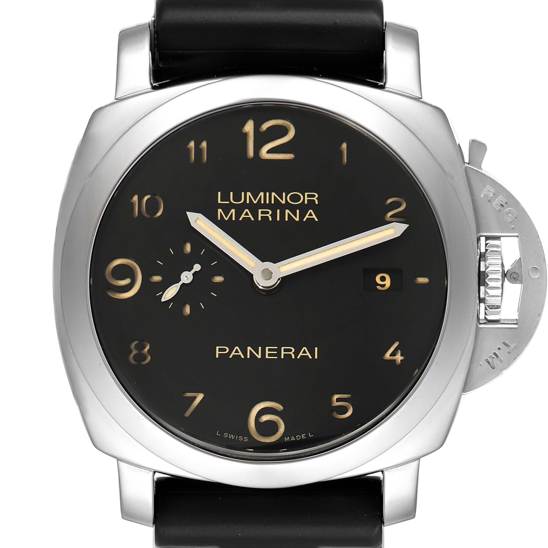 The image shows a front view of the Panerai Luminor PAM00359 Men
s Stainless Steel Black Dial PAM00359 Men
s Stainless Steel Black Dial Marina watch, highlighting its black dial, numerals, and crown guard.