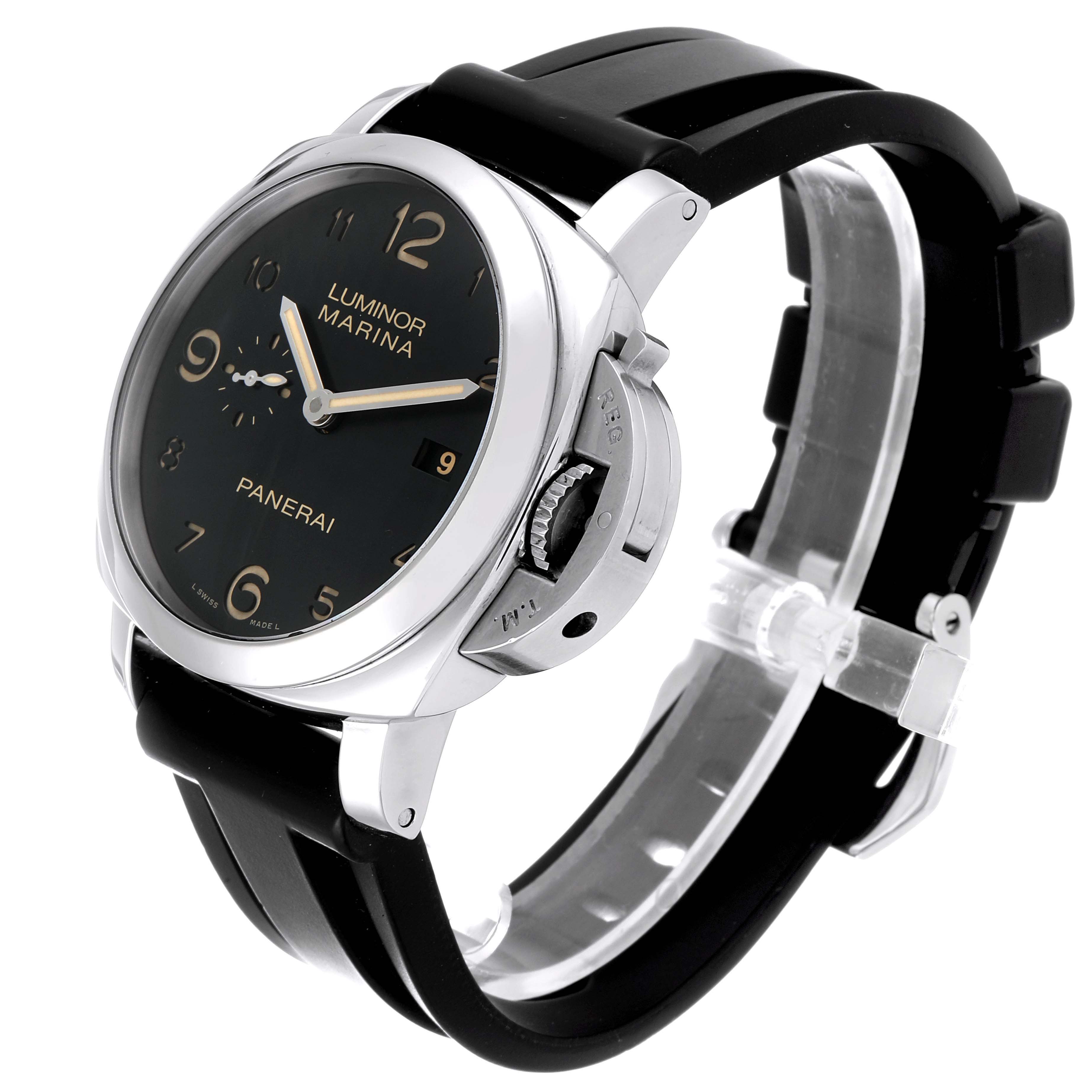 The image shows a Panerai Luminor PAM00359 Men
s Stainless Steel Black Dial PAM00359 Men
s Stainless Steel Black Dial Marina watch at a three-quarter angle, highlighting its face, casing, and black rubber strap.