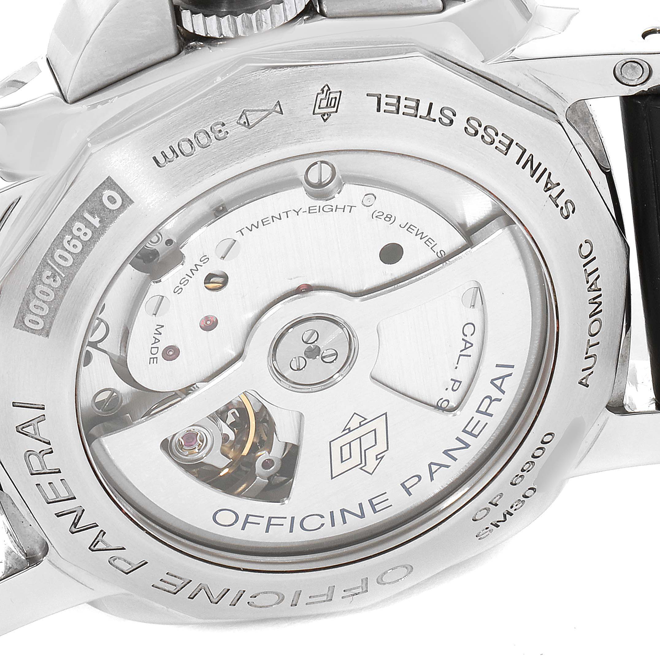 The image shows the back view of a Panerai Luminor PAM00359 Men
s Stainless Steel Black Dial PAM00359 Men
s Stainless Steel Black Dial watch, highlighting its exhibition case back with visible movement details.