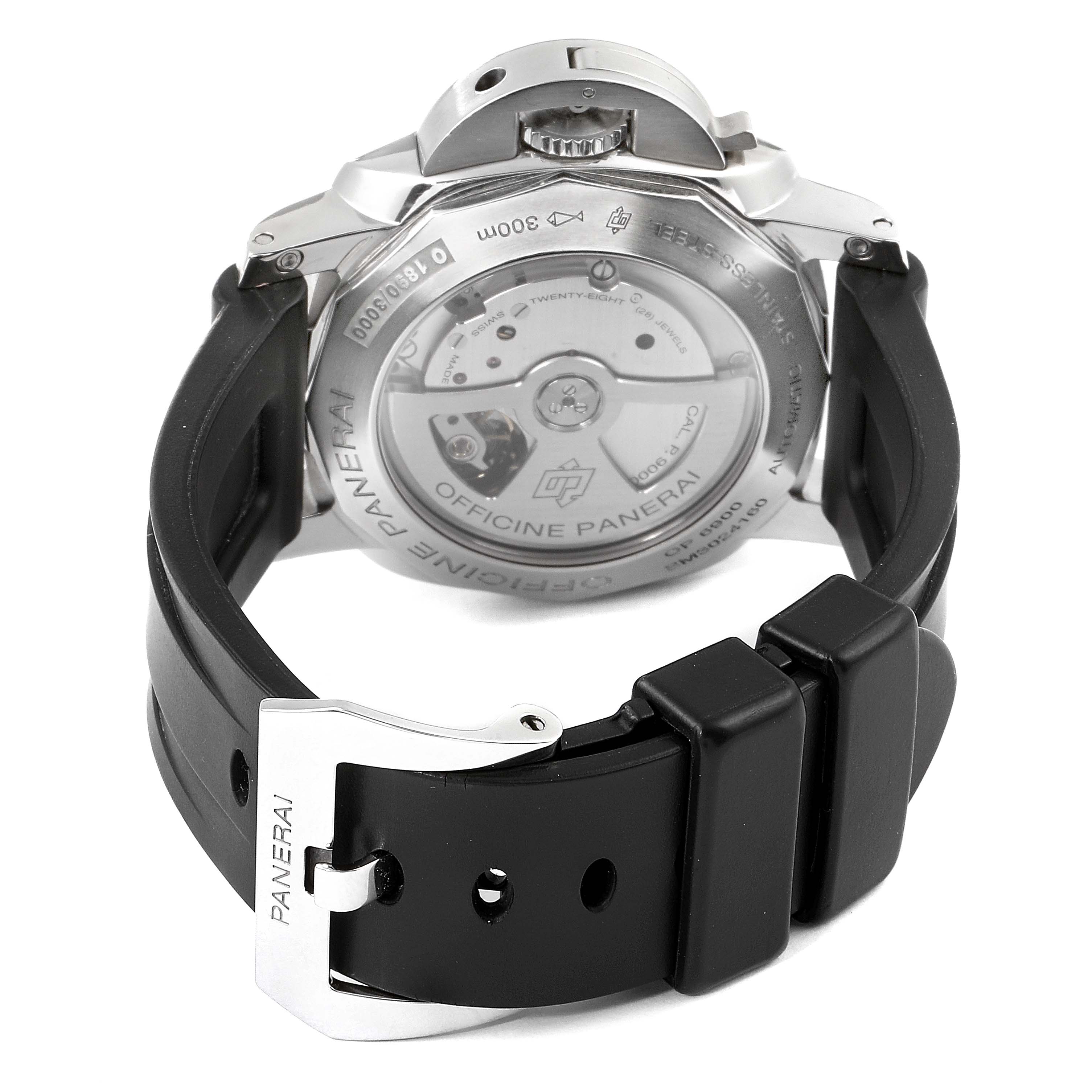 The image shows the back view of a Panerai Luminor PAM00359 Men
s Stainless Steel Black Dial PAM00359 Men
s Stainless Steel Black Dial watch, with its case back, movement, and rubber strap visible.