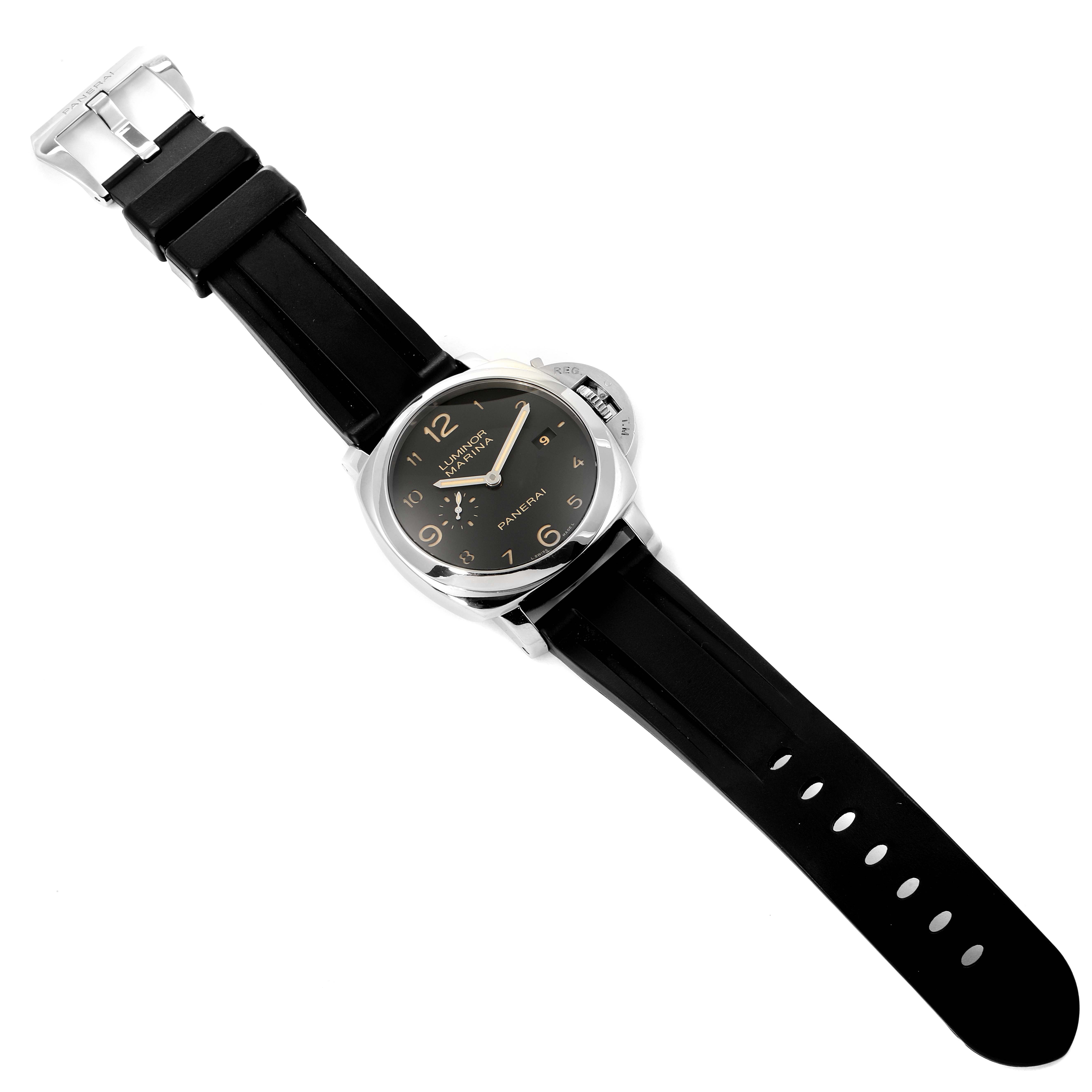 The image shows a Panerai Luminor PAM00359 Men
s Stainless Steel Black Dial PAM00359 Men
s Stainless Steel Black Dial watch from a top-down angle, displaying its black dial, bezel, and black rubber strap.