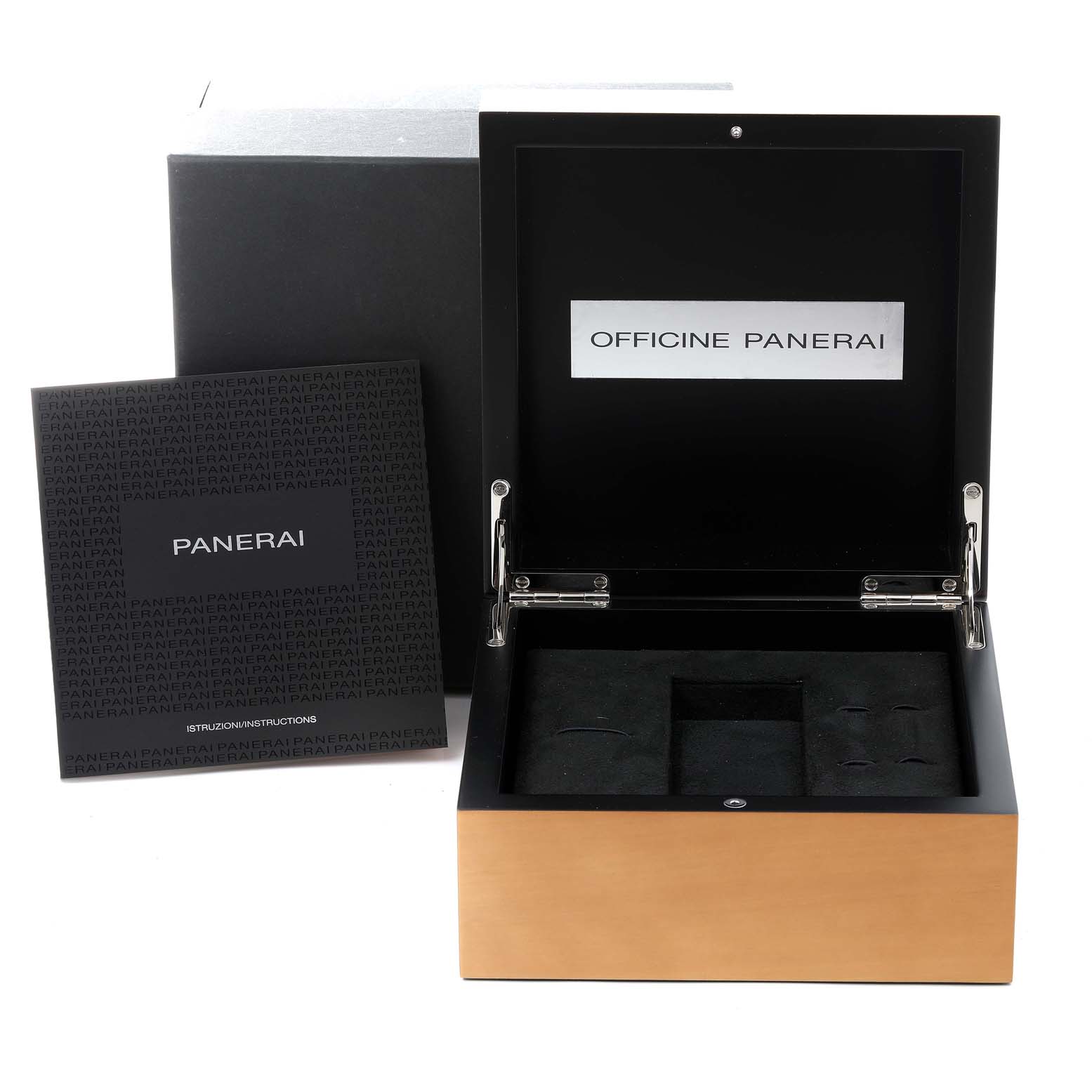 This image shows the open watch box and instruction manual for the Panerai Luminor PAM00359 Men
s Stainless Steel Black Dial PAM00359 Men
s Stainless Steel Black Dial model.