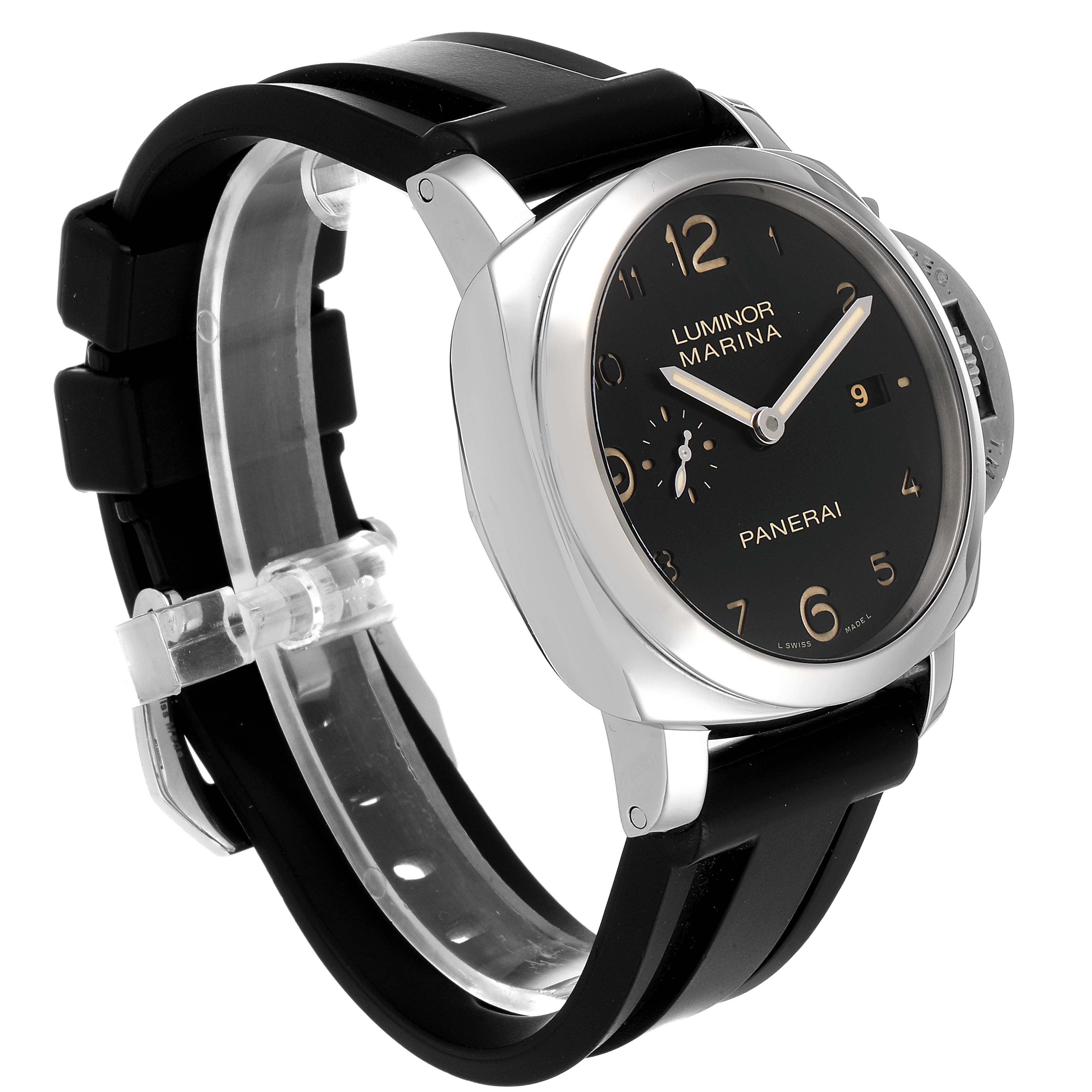 The Panerai Luminor PAM00359 Men
s Stainless Steel Black Dial PAM00359 Men
s Stainless Steel Black Dial watch is displayed at a three-quarter angle, showing the face, case, and black strap.