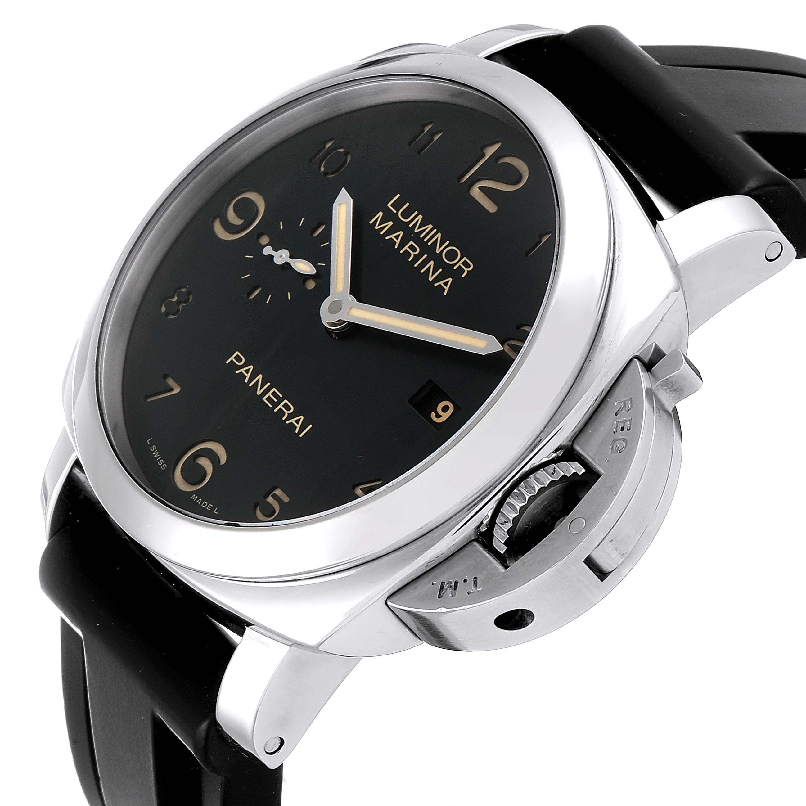 This image shows a Panerai Luminor PAM00359 Men
s Stainless Steel Black Dial PAM00359 Men
s Stainless Steel Black Dial watch at an angle, featuring its black dial, hour markers, hands, and crown guard.