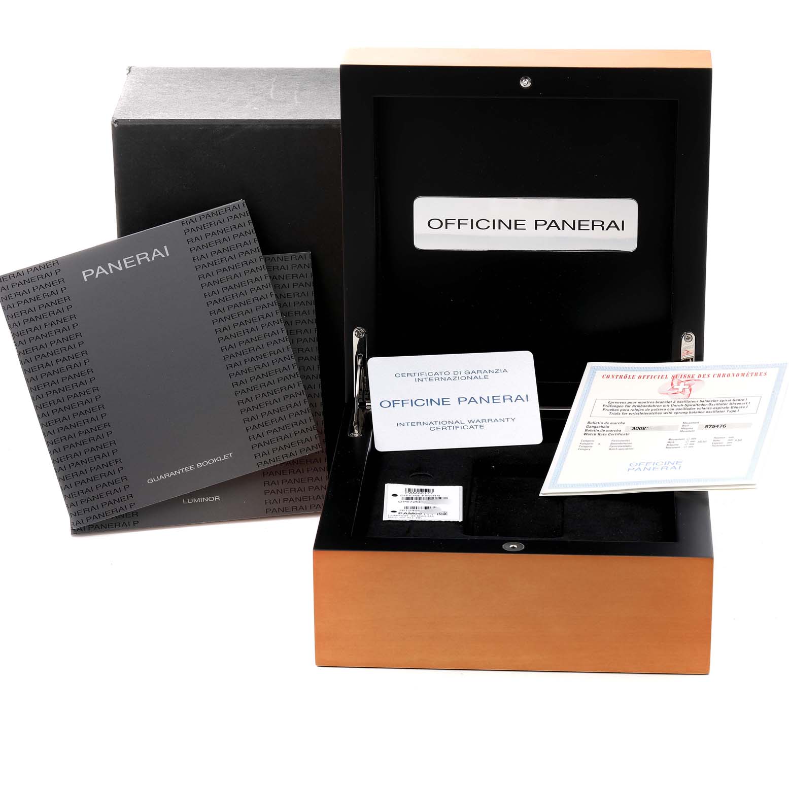 The image shows a Panerai Luminor PAM00177 Men
s Titanium Black Dial PAM00177 Men
s Titanium Black Dial watch box with warranty booklets and certificates from a frontal angle.