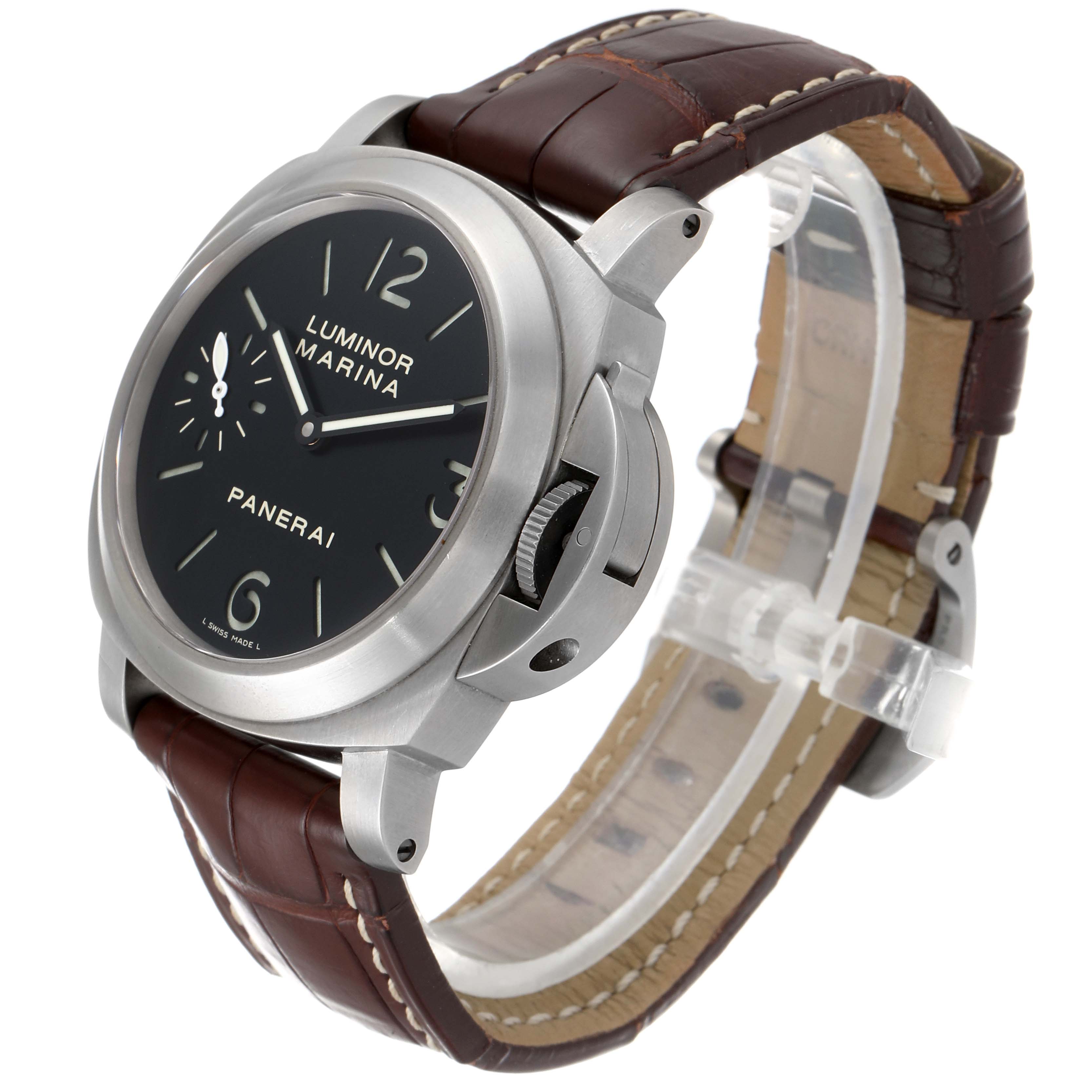The Panerai Luminor PAM00177 Men
s Titanium Black Dial PAM00177 Men
s Titanium Black Dial watch is shown at a three-quarter angle, displaying the dial, crown guard, and leather strap.