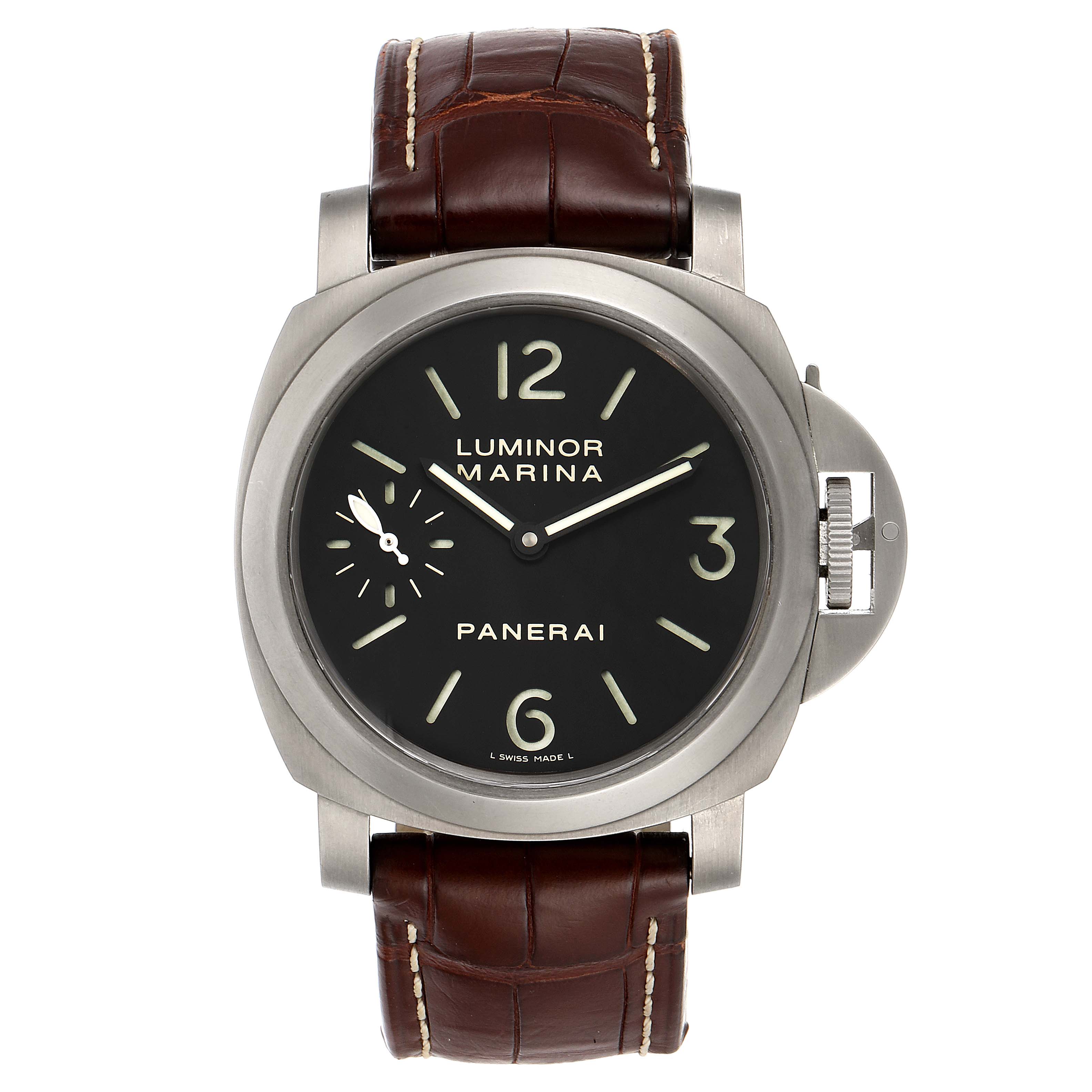 This image shows a front view of the Panerai Luminor PAM00177 Men
s Titanium Black Dial PAM00177 Men
s Titanium Black Dial watch featuring its dial, bezel, case, and leather strap.