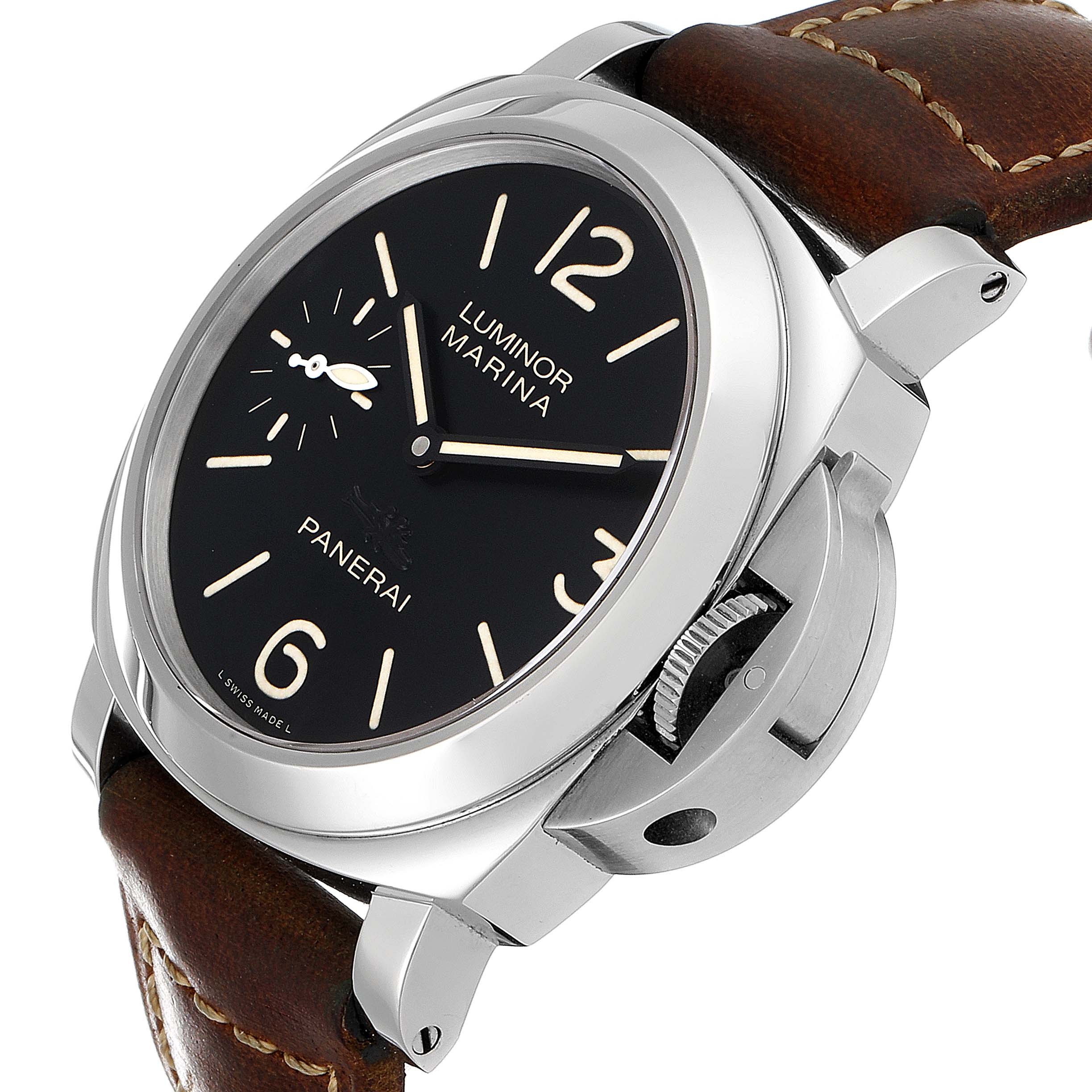 The image shows a Panerai Luminor PAM00415 Men
s Stainless Steel Black Dial PAM00415 Men
s Stainless Steel Black Dial model watch at a side angle, highlighting the dial, crown guard, and brown leather strap.