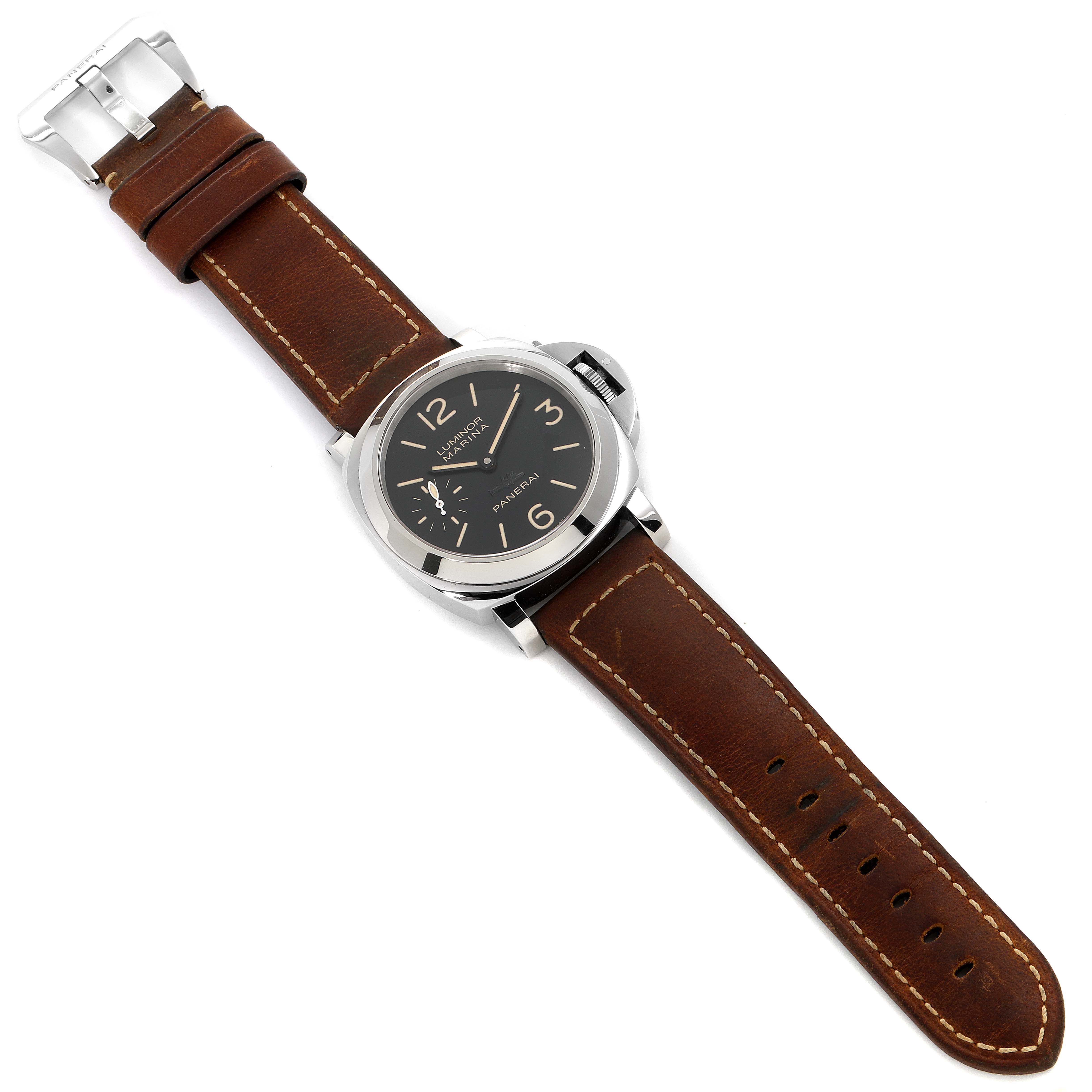 The Panerai Luminor PAM00415 Men
s Stainless Steel Black Dial PAM00415 Men
s Stainless Steel Black Dial watch is shown from an overhead angle, featuring its brown leather strap and black dial.