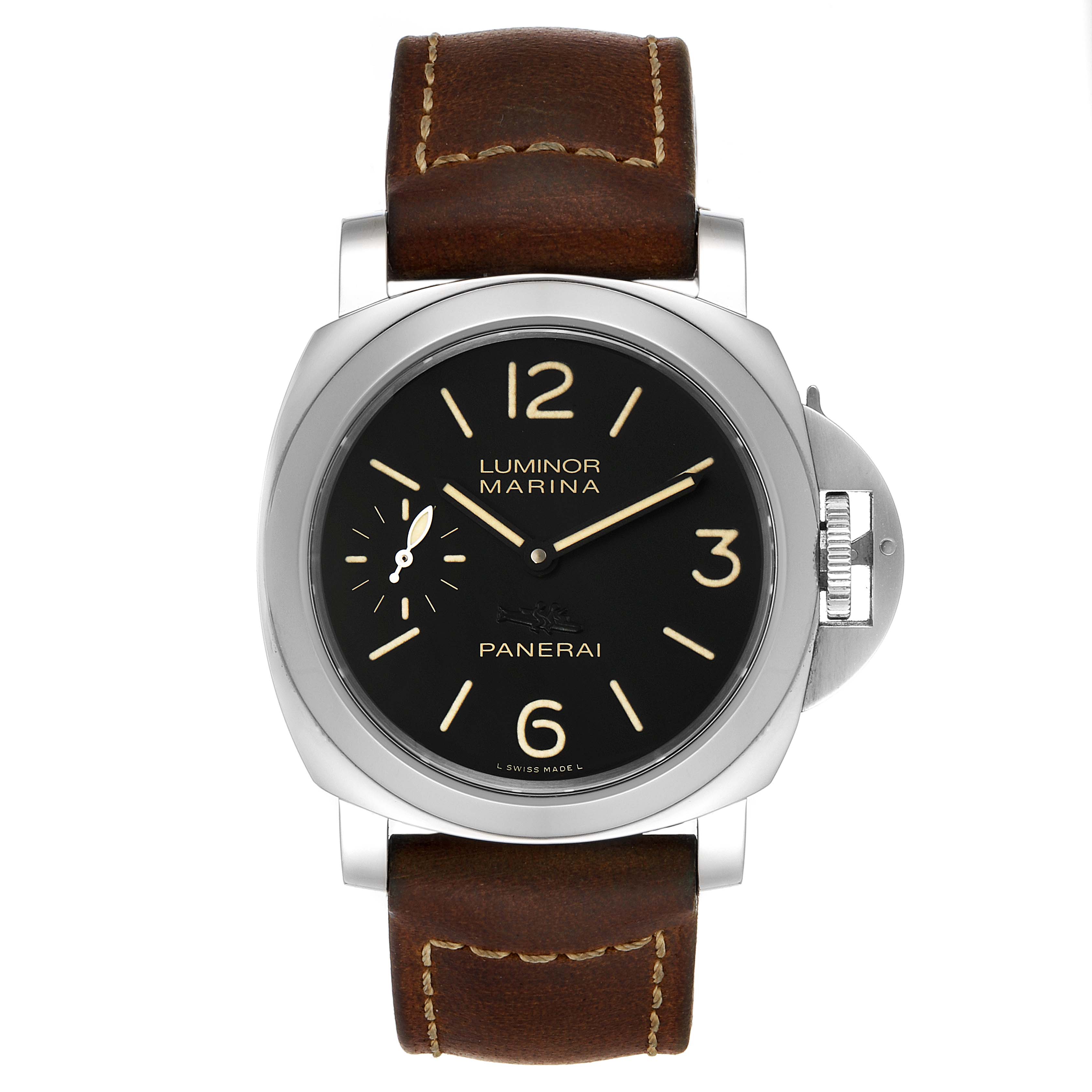 The image shows a front view of a Panerai Luminor PAM00415 Men
s Stainless Steel Black Dial PAM00415 Men
s Stainless Steel Black Dial Marina watch with a black dial and brown leather strap.