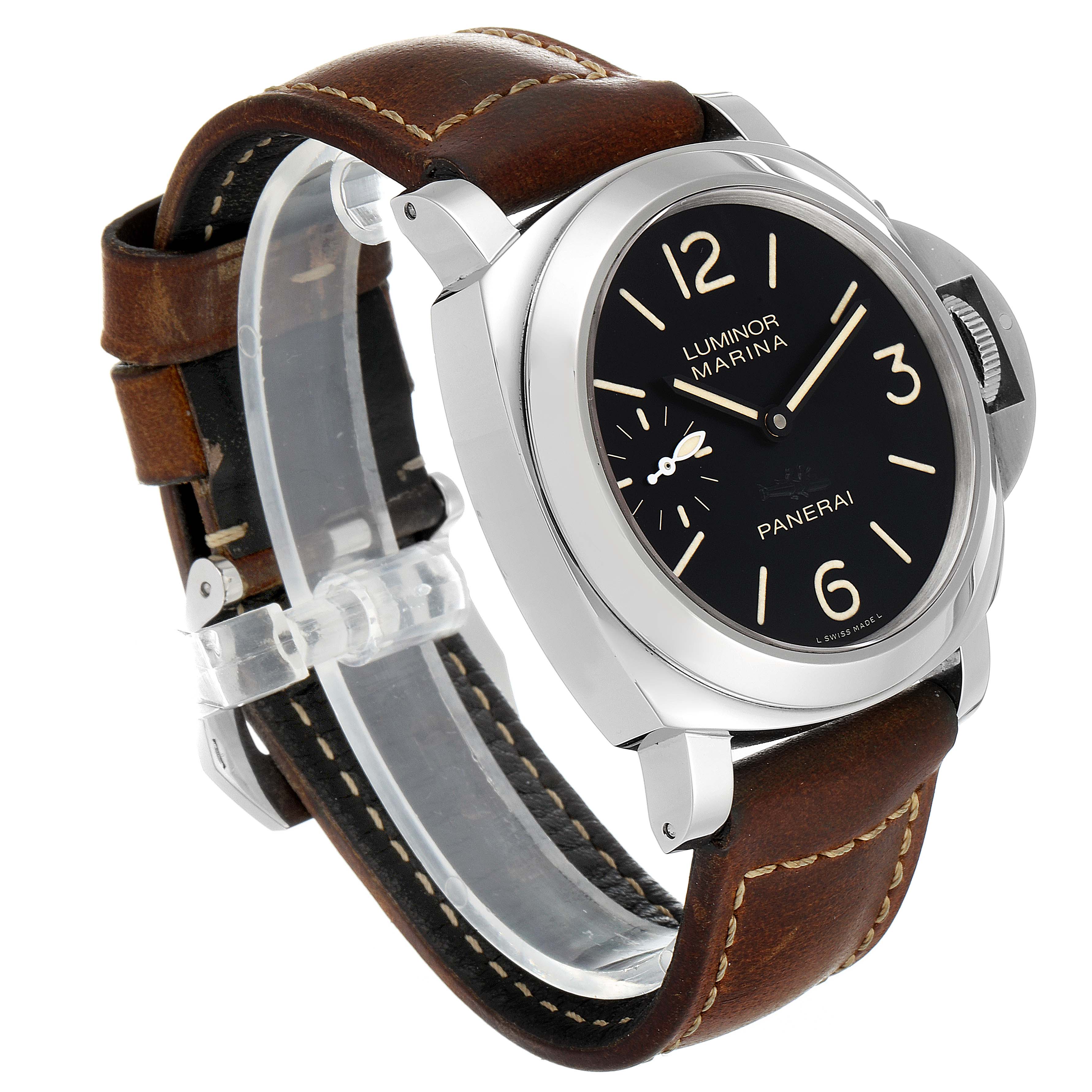 The image shows a Panerai Luminor PAM00415 Men
s Stainless Steel Black Dial PAM00415 Men
s Stainless Steel Black Dial Marina watch at a slight angle, highlighting the watch face, brown leather strap, and crown guard.