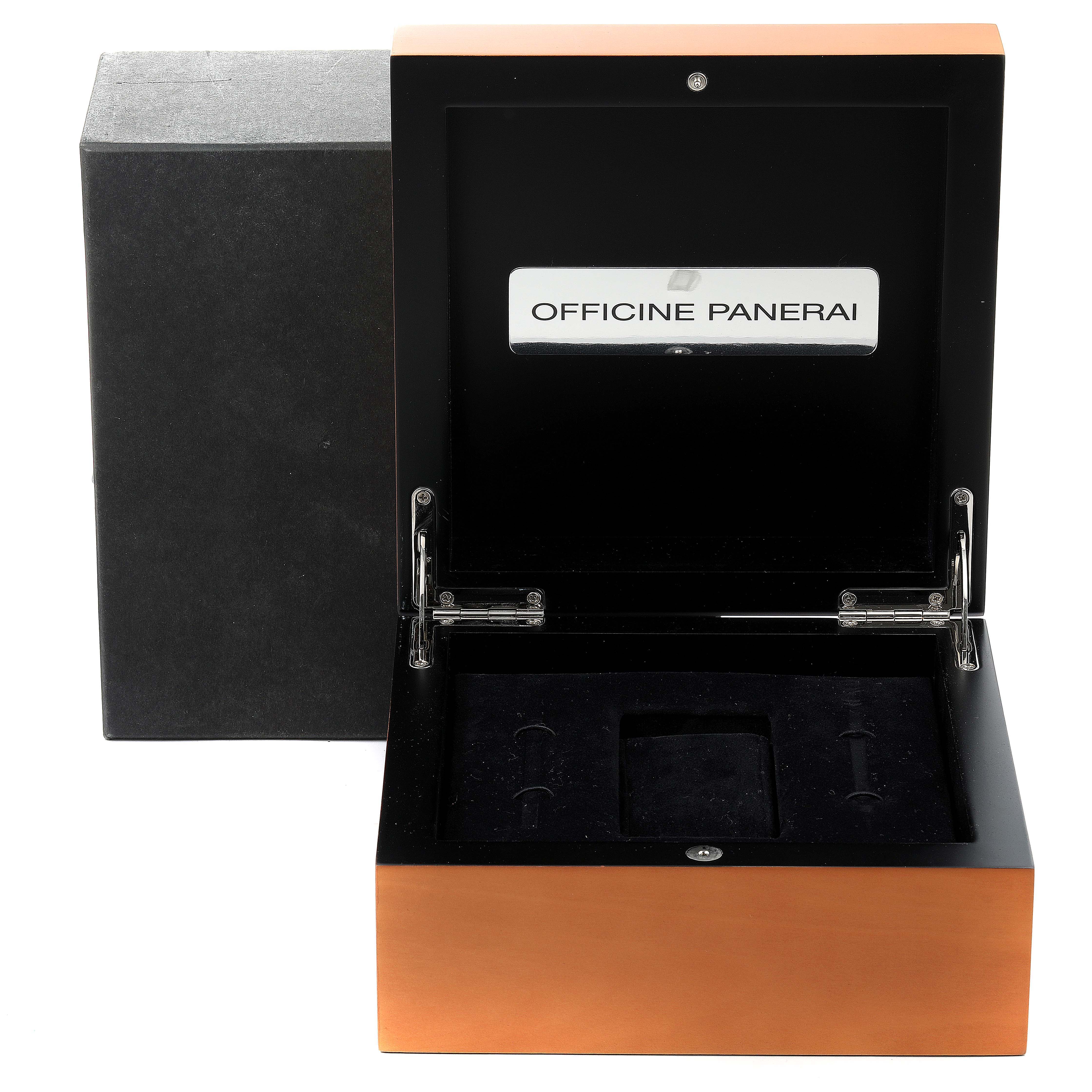 An open watch box of a Panerai Luminor PAM00415 Men
s Stainless Steel Black Dial PAM00415 Men
s Stainless Steel Black Dial model is shown at a frontal angle, displaying its interior and the hinged lid with "OFFICINE PANERAI" branding.