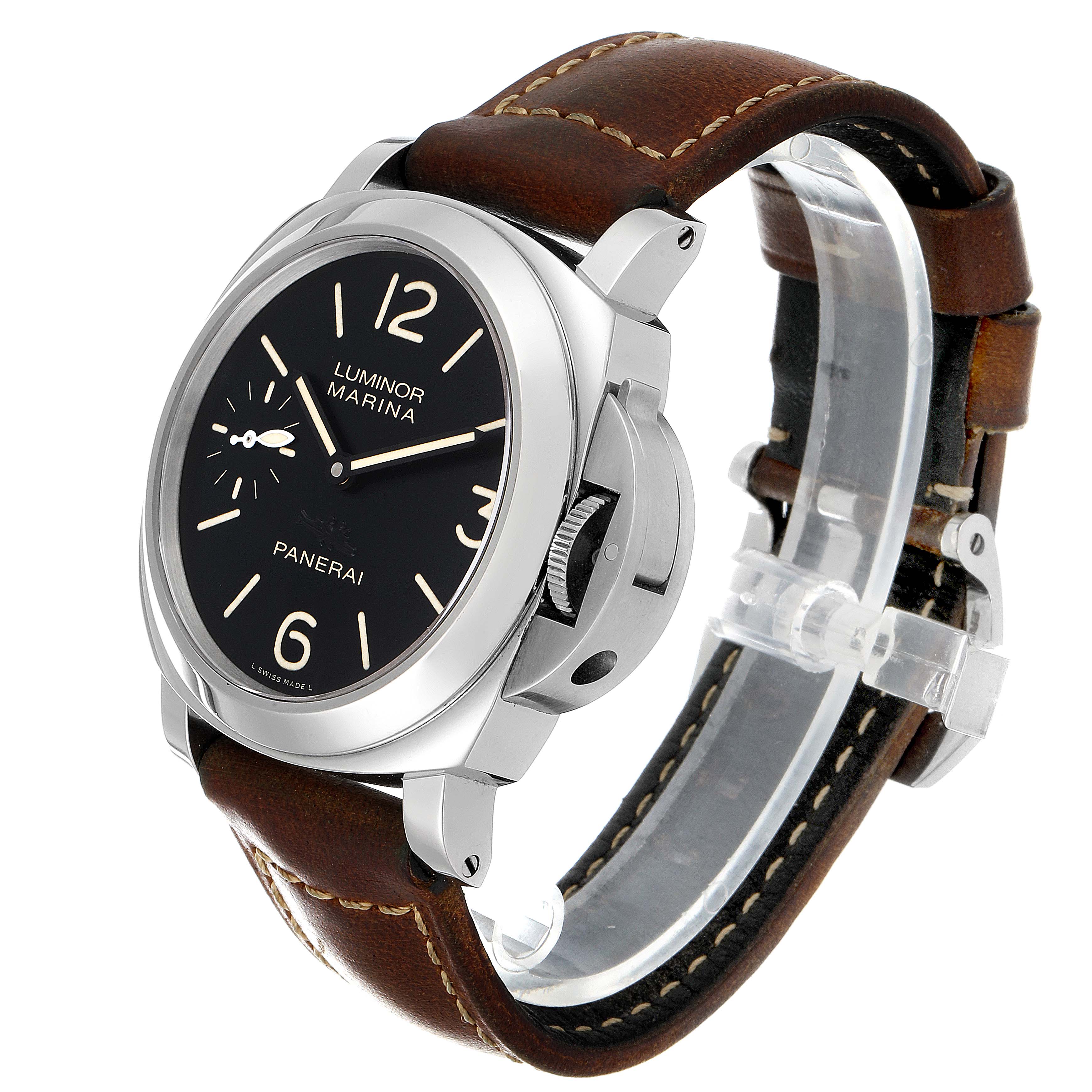 The image shows a side view of the Panerai Luminor PAM00415 Men
s Stainless Steel Black Dial PAM00415 Men
s Stainless Steel Black Dial watch, focusing on its stainless steel case and brown leather strap.
