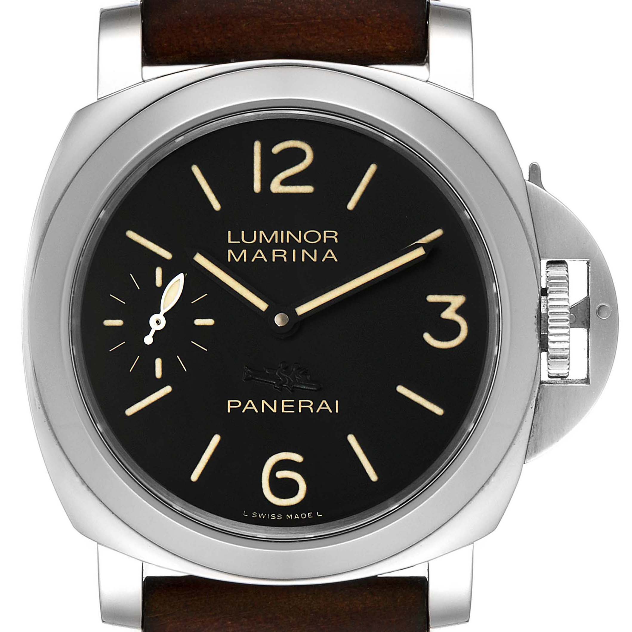 The image shows a front view of the Panerai Luminor PAM00415 Men
s Stainless Steel Black Dial PAM00415 Men
s Stainless Steel Black Dial Marina watch, focusing on its face, bezel, and signature crown guard.
